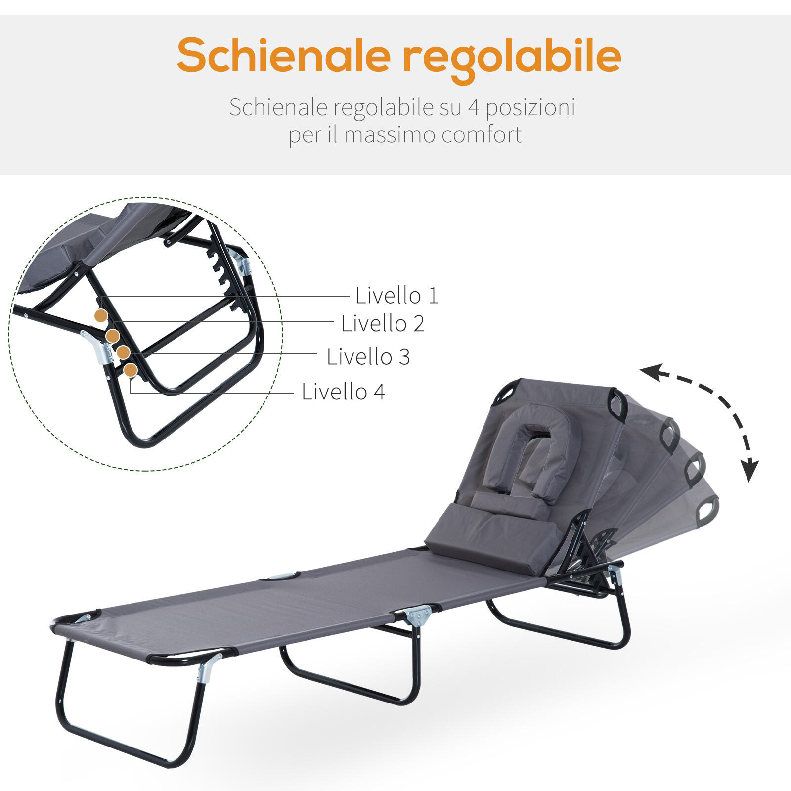 Outsunny Sedia Sdraio Pieghevole con Foro per il Viso e Cuscini, Grigio 4/7