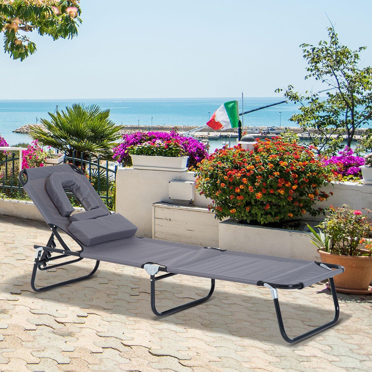 Outsunny Sedia Sdraio Pieghevole con Foro per il Viso e Cuscini, Grigio 2/7