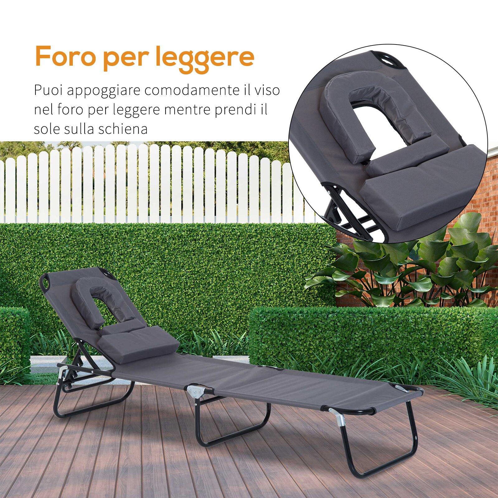 Outsunny Sedia Sdraio Pieghevole con Foro per il Viso e Cuscini, Grigio 5/7