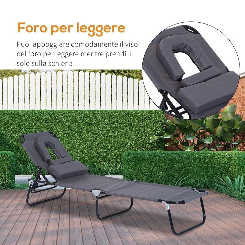 Șezlong pliabil Outsunny cu orificiu pentru față și perne, gri