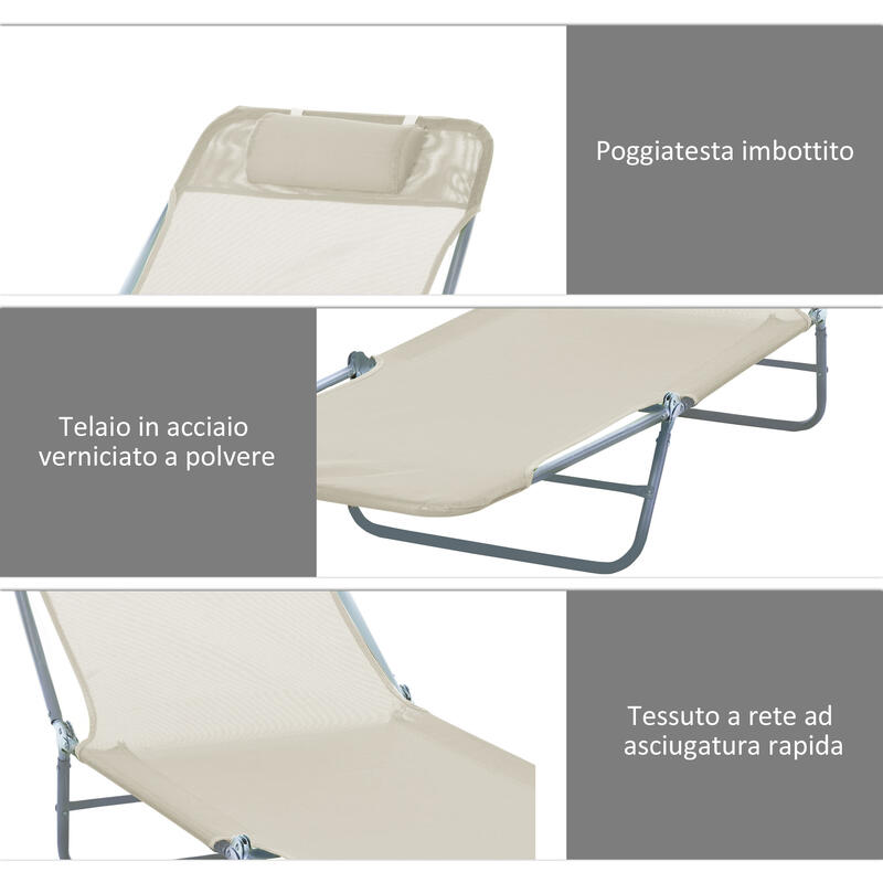 Set de 2 șezlonguri pliabile Outsunny cu spătar rabatabil pe 4 niveluri, bej