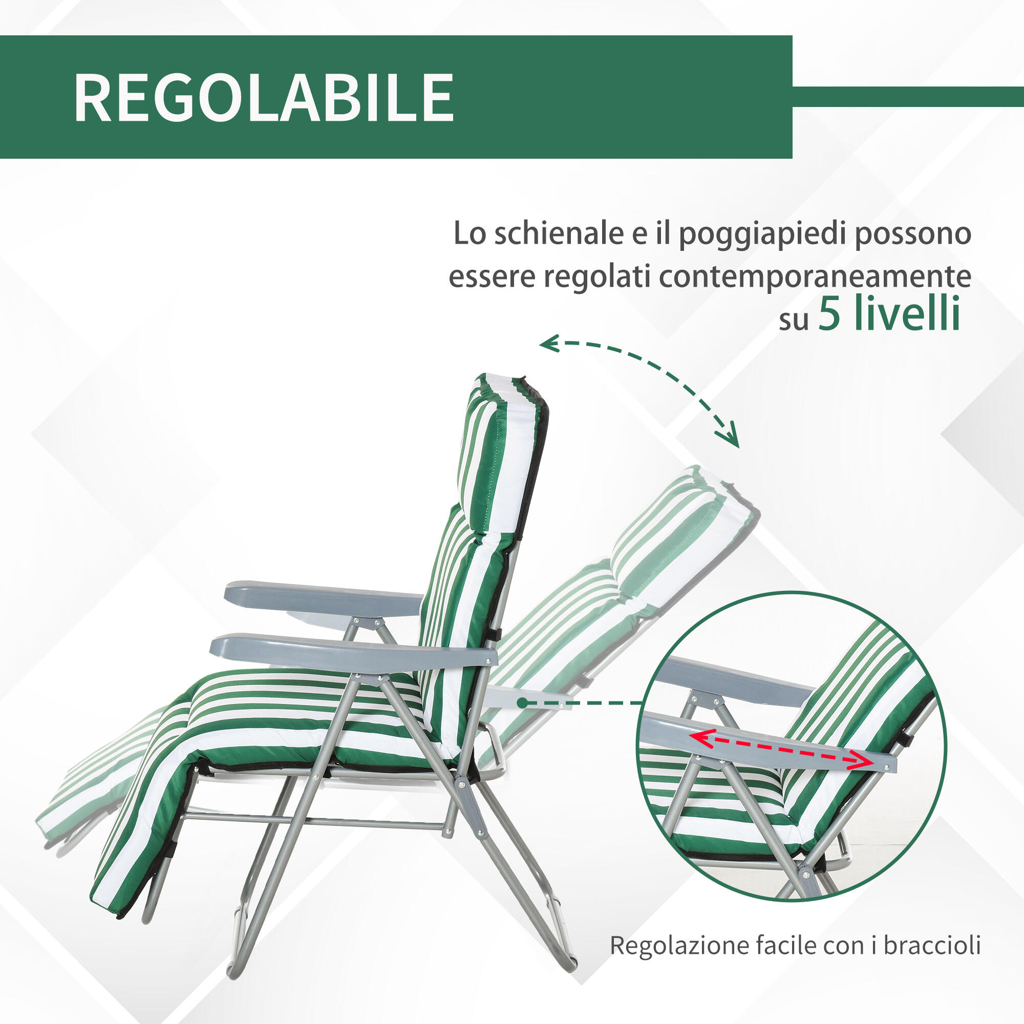 Outsunny Set 2 Sedie Sdraio da Giardino Pieghevoli Imbottite con Braccioli 7/8
