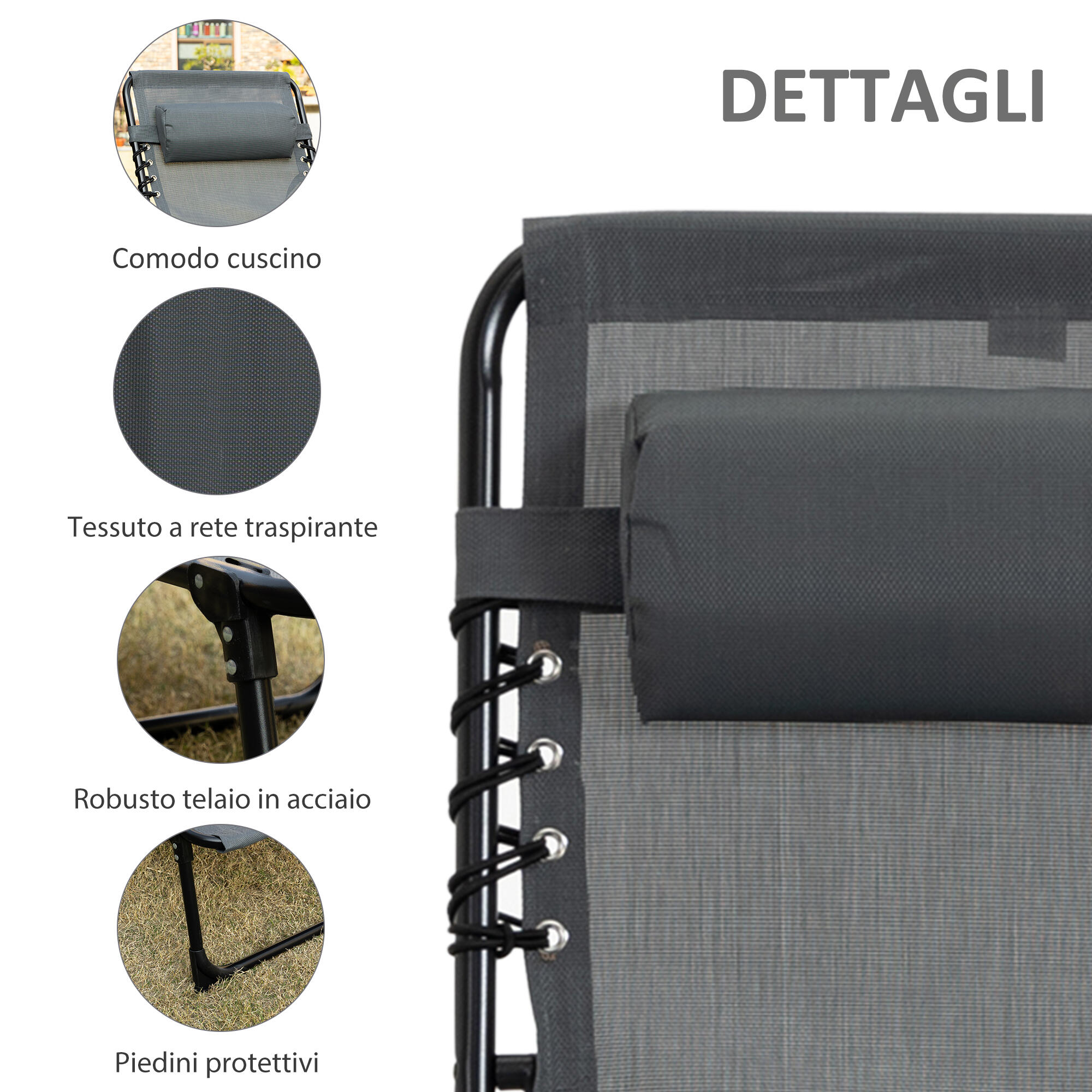Outsunny Sdraio da Esterno Pieghevole con 5 Reclinazioni e Cuscino Grigio 5/8
