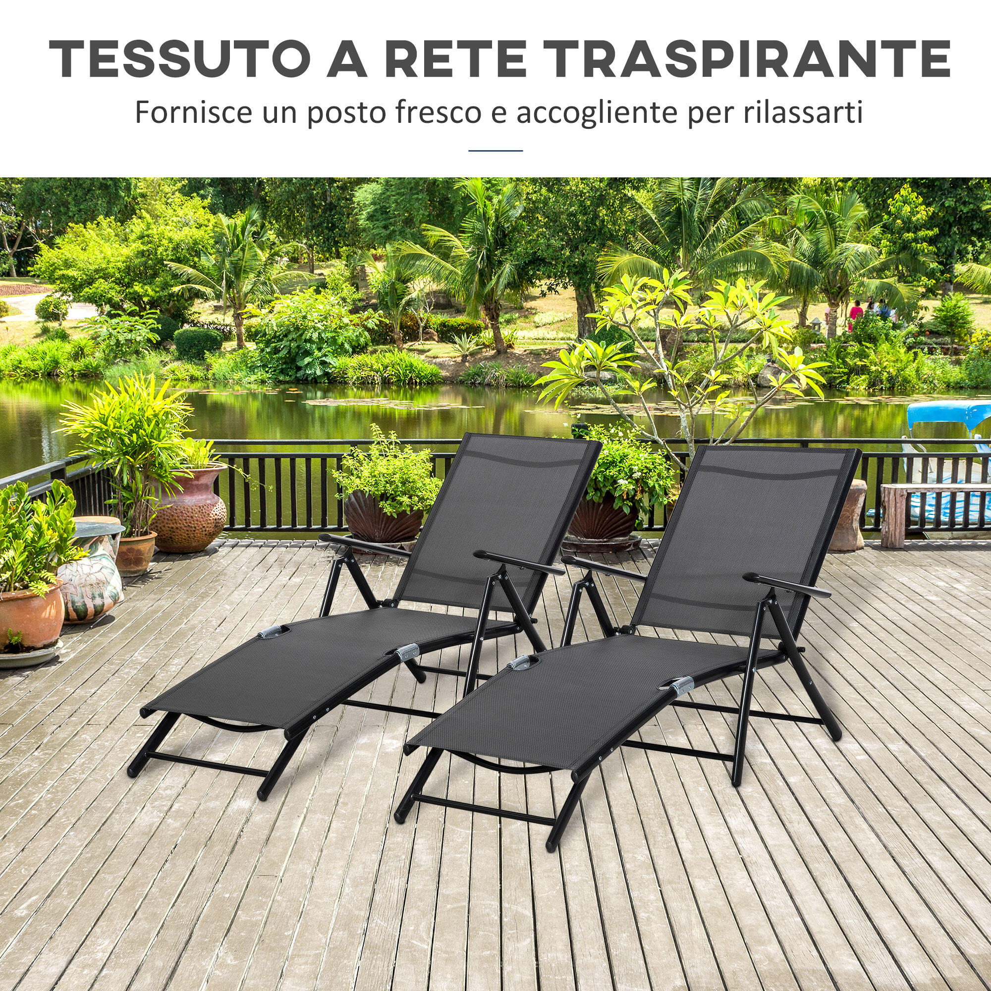 Outsunny Set 2 Sdraio da Giardino Pieghevole Schienale Regolabile 7 Posizioni 4/7