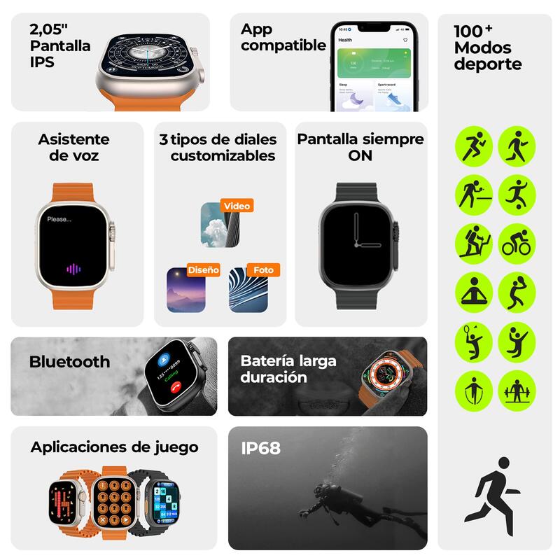 Smartwatch Ksix Urban Plus, Modos deporte/salud, Sumergible, Negro