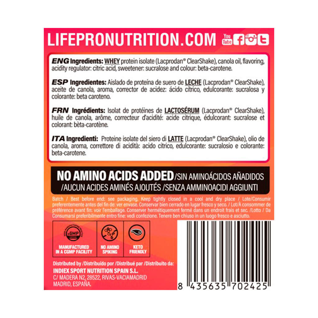 Proteína de suero Life Pro Clear Isolate Zero 800g 2/4