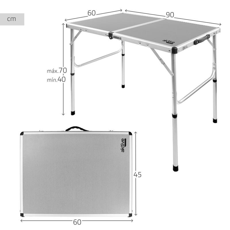 AKTIVE - Table de Camping Pliante, Réglable en 2 Hauteurs, 90x60x40/70 cm, Gris