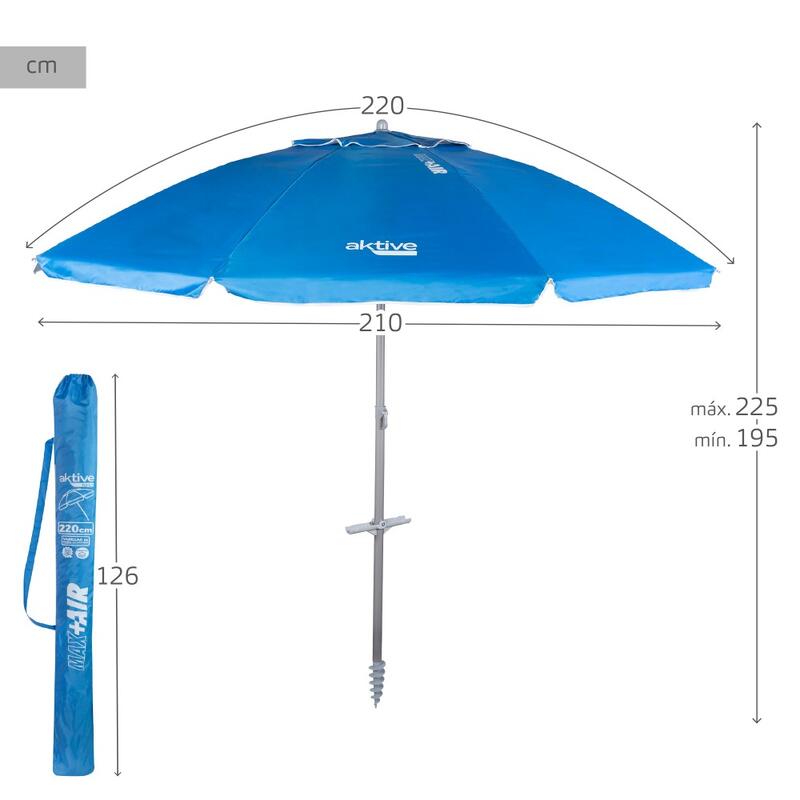 Parapluie de plage coupe-vent Ø210 cm bleu avec mât inclinable Aktive