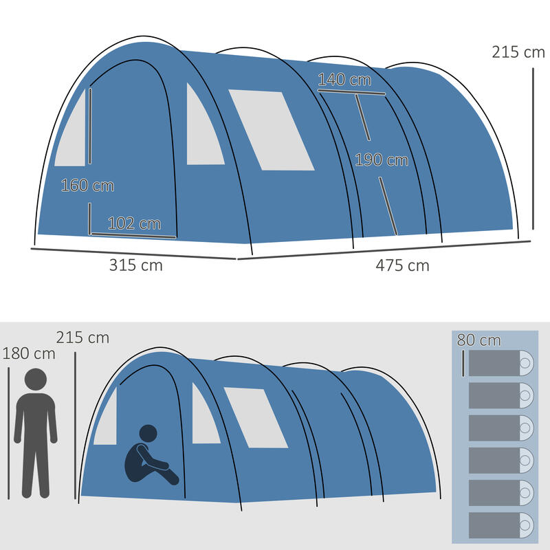 Outsunny Tenda da Campeggio per 5-6 Persone con 2 Porte, Finestre e Tasche, Blu