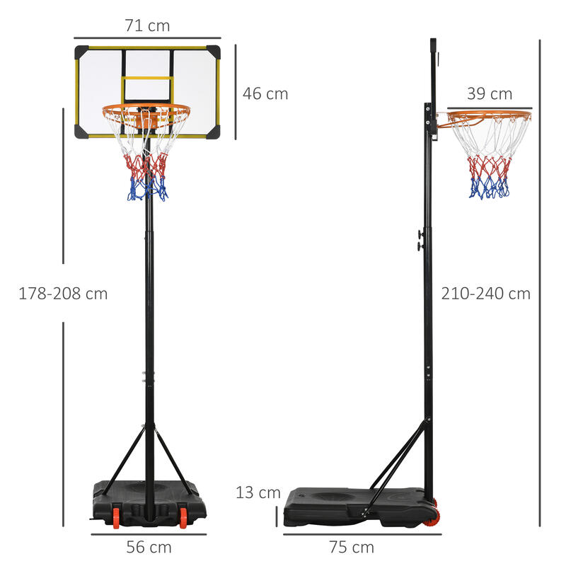 Tabela de basquetebol 75x56x210-240 cm preto e amarelo SPORTNOW