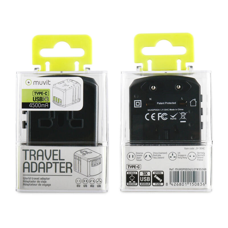 muvit adaptador viaje universal (EU,UK,US,AU) 3 USB+1Tipo C 5V 4,5A negro gris