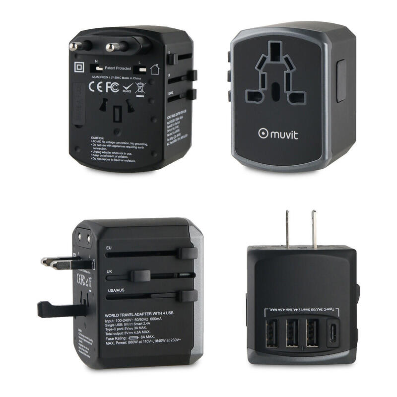 muvit adaptador viaje universal (EU,UK,US,AU) 3 USB+1Tipo C 5V 4,5A negro gris