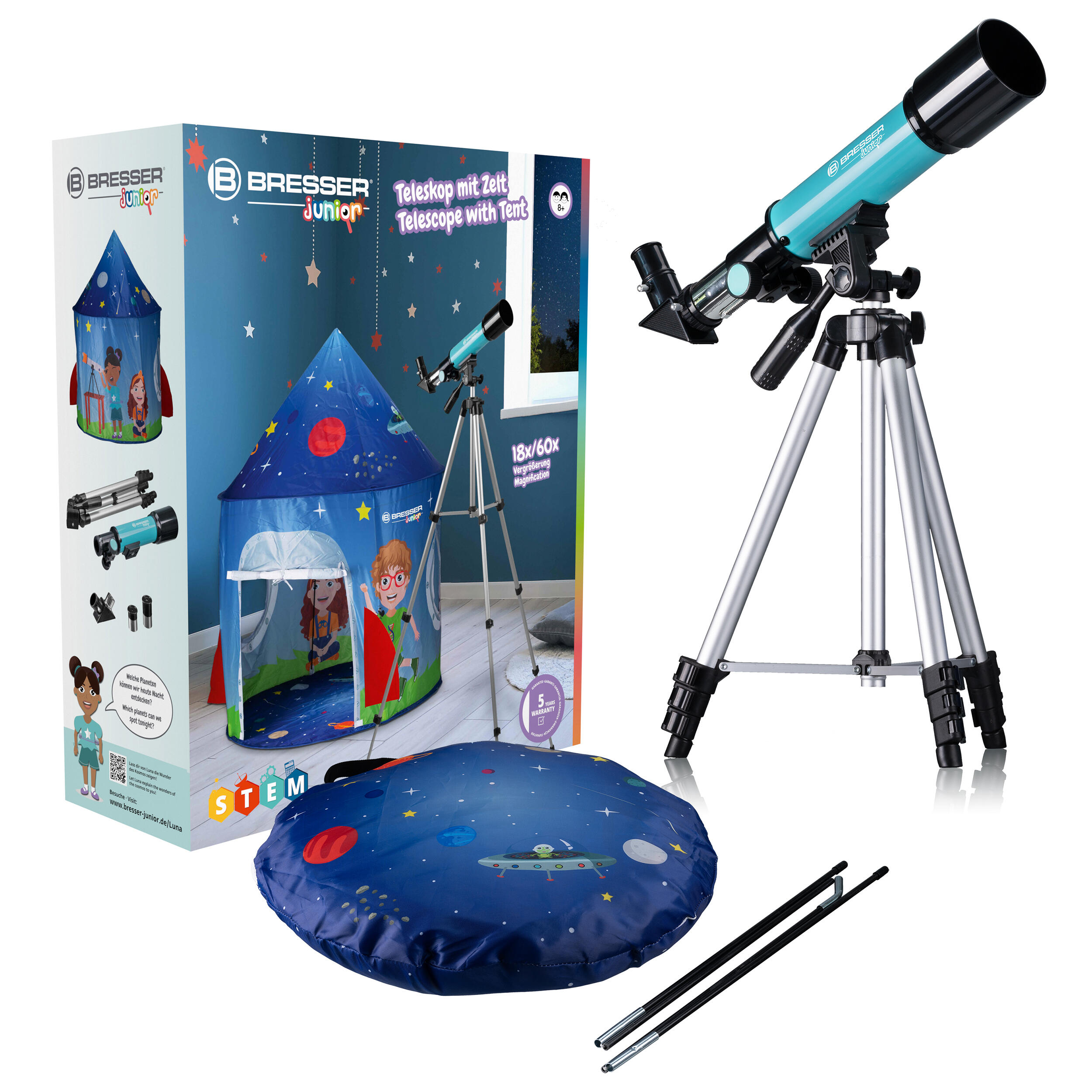 BRESSER SET Telescopio 50/360 + Tenda - Perfetto per i nostri piccoli esploratori