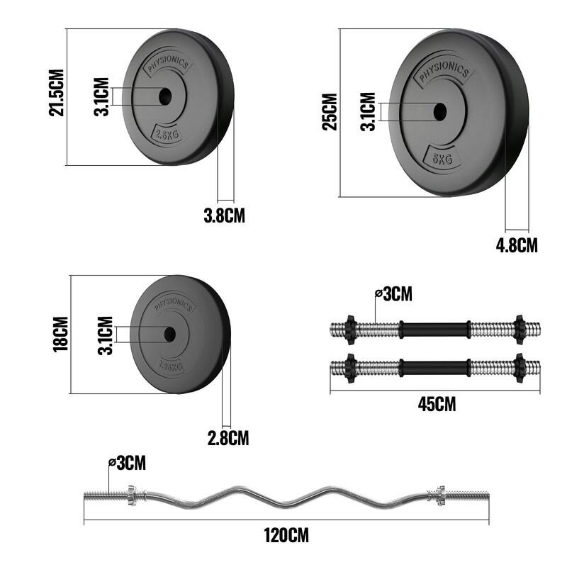 Physionics Korte Halterstangen en SZ Curl Bar Met Gewichten