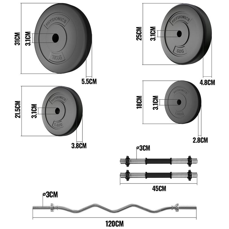Physionics® Disques de Poids - Set de 2 x 5 kg, Ø 31 mm, avec