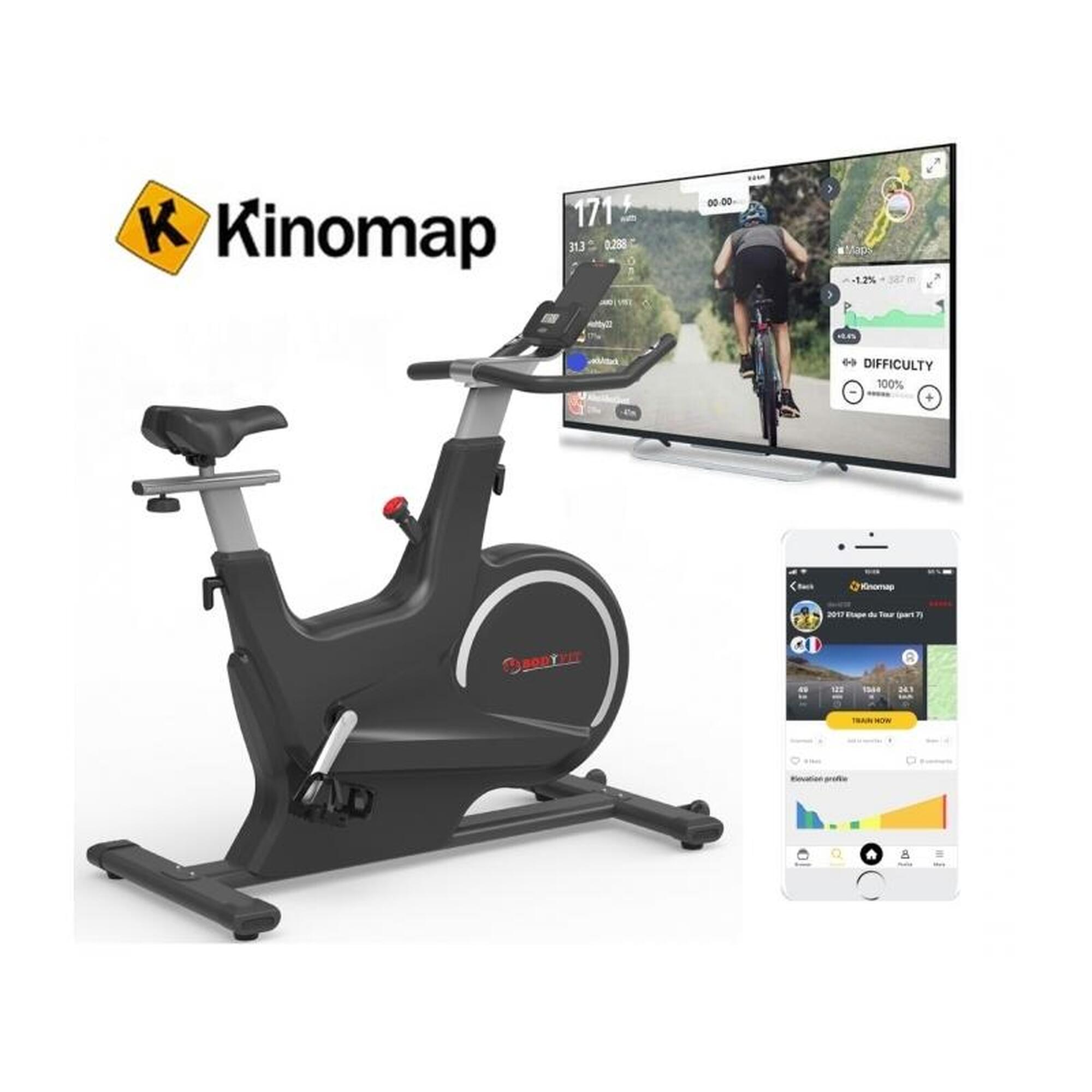 Bicicleta spinnning BodyFit SB7000, volanta 18kg, display si aplicatii Fitshow,