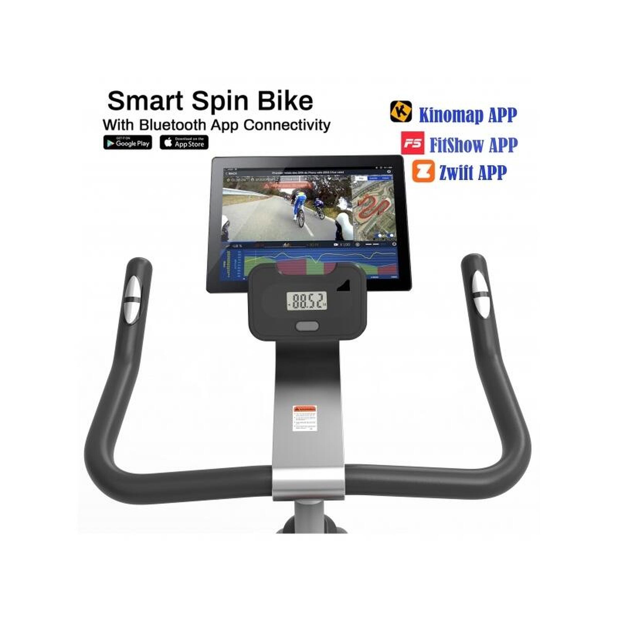 Bicicleta spinnning BodyFit SB7000, volanta 18kg, display si aplicatii Fitshow,