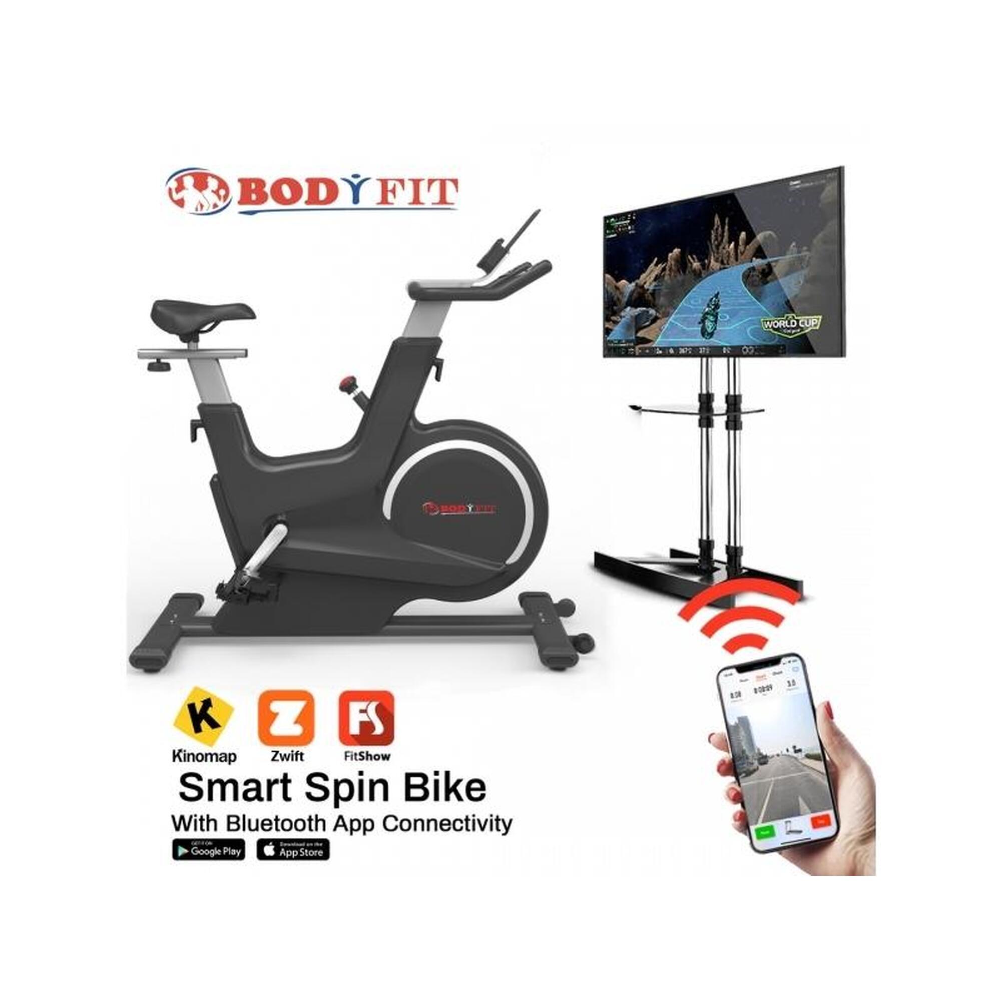 Bicicleta spinnning BodyFit SB7000, volanta 18kg, display si aplicatii Fitshow,