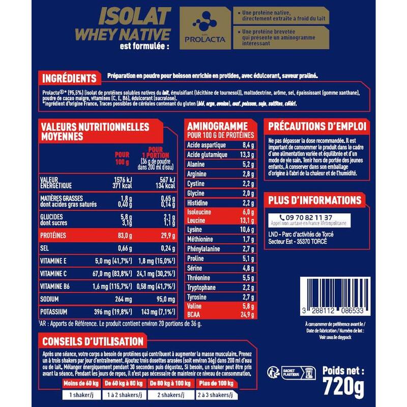 Isolat Whey Protéine Native Praliné - Doypack 720g