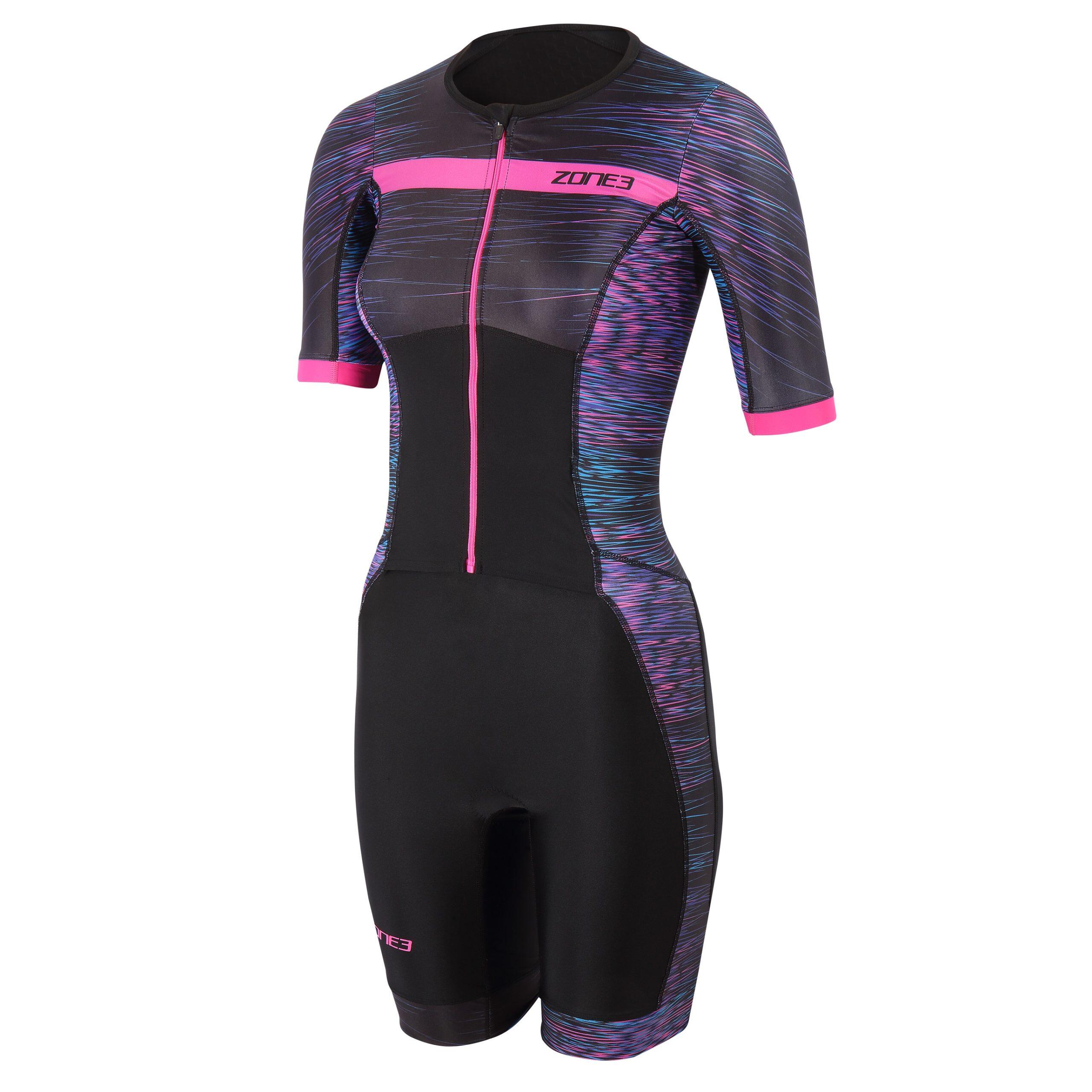 Activate+ Short Sleeve Full Zip Trisuit Women's Momentum Black/Teal/Purple/Pink 4/5