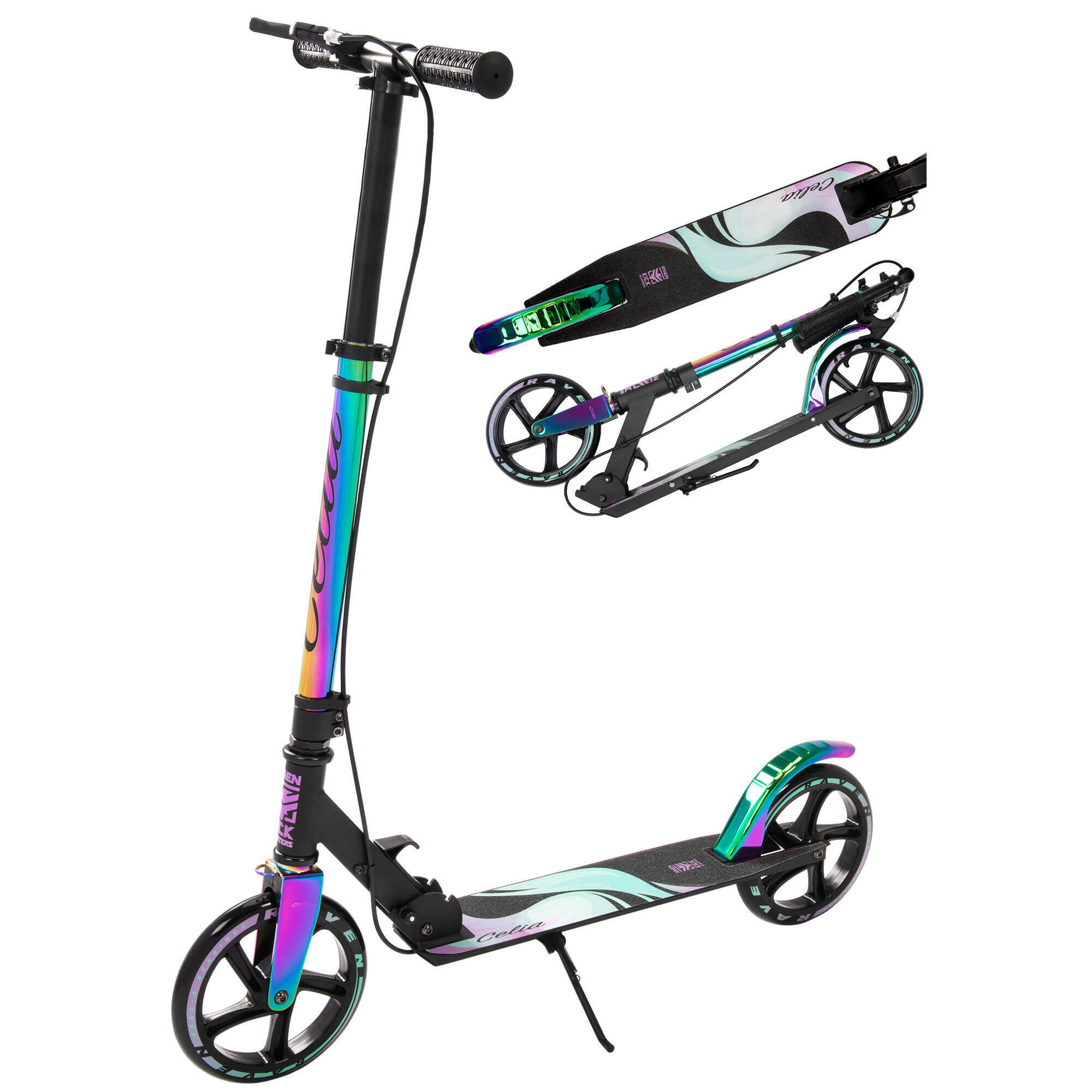 RAVEN Skládací koloběžka Raven Celia BLACK Neo Chrome s ruční brzdou ABEC9 200mm