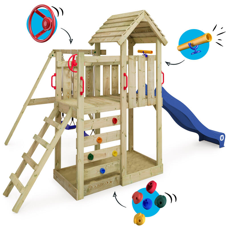 Aire de jeux MultiFlyer toit en bois avec balançoire bleu