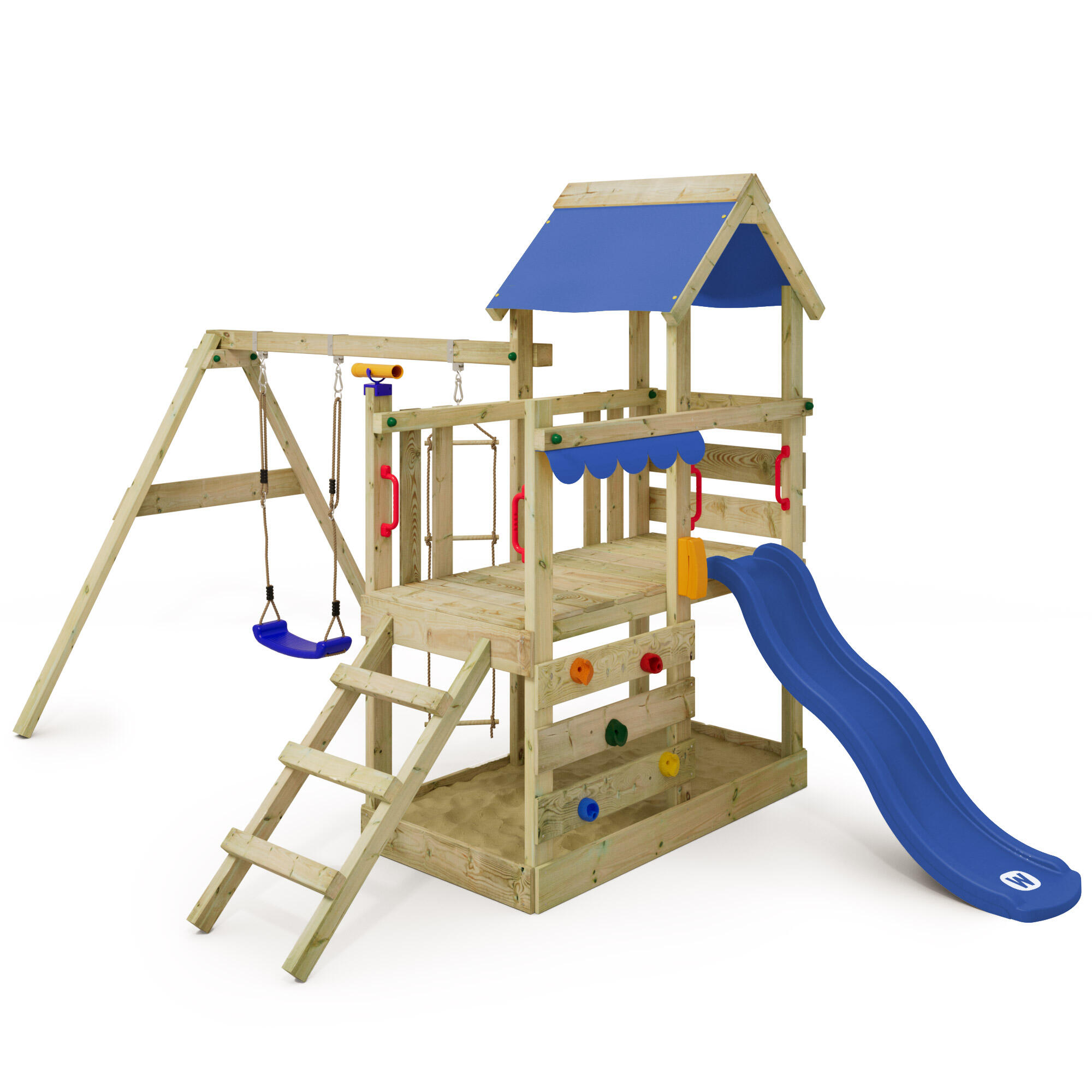 WICKEY TurboFlyer speeltoren met schommel & blauwe glijbaan