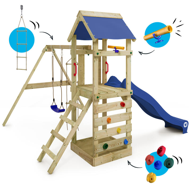 Aire de jeux Portique bois FreeFlyer avec balançoire bleu