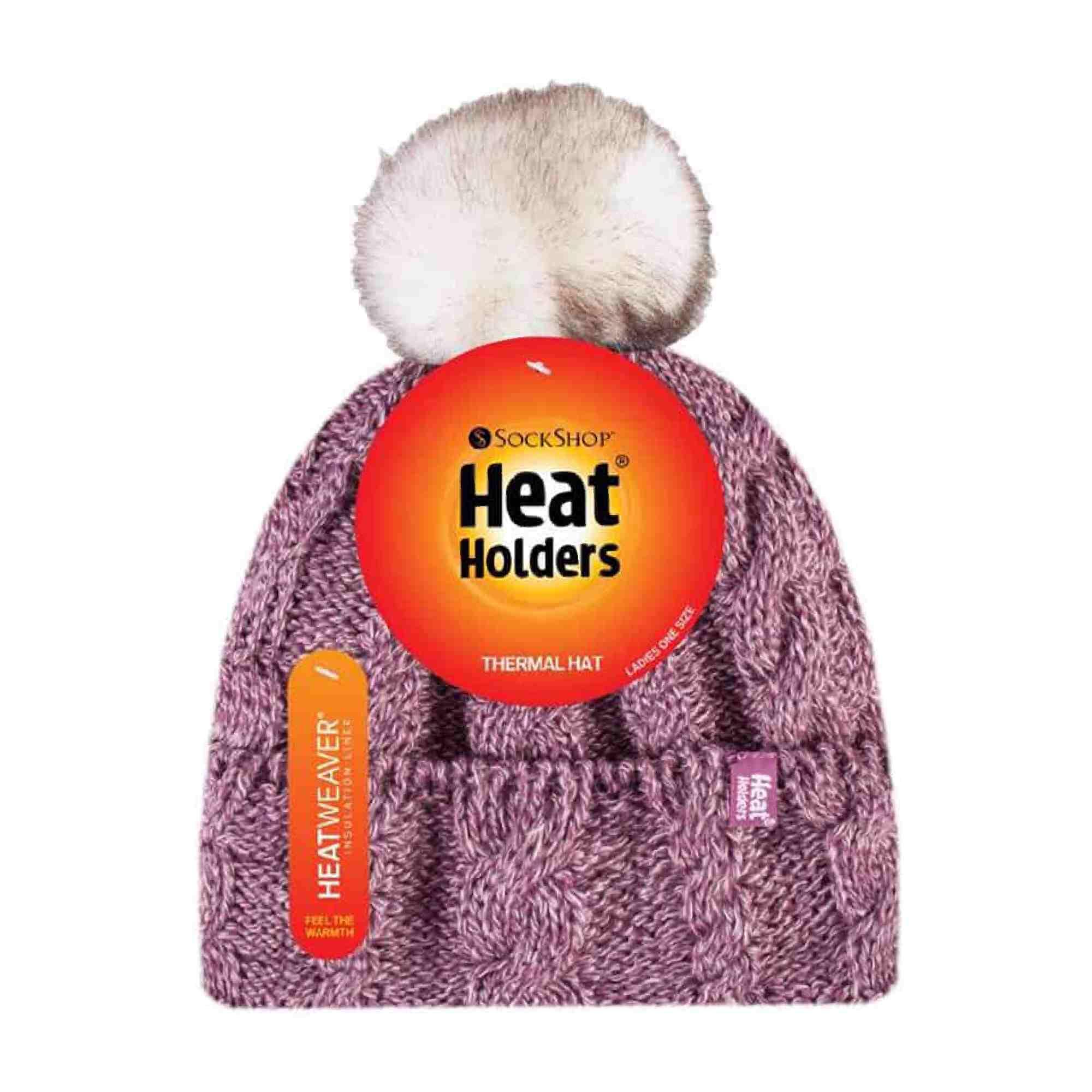 Ladies Cable Knit Fleece Lined Thermal Winter Bobble Hat with Pom Pom 2/5