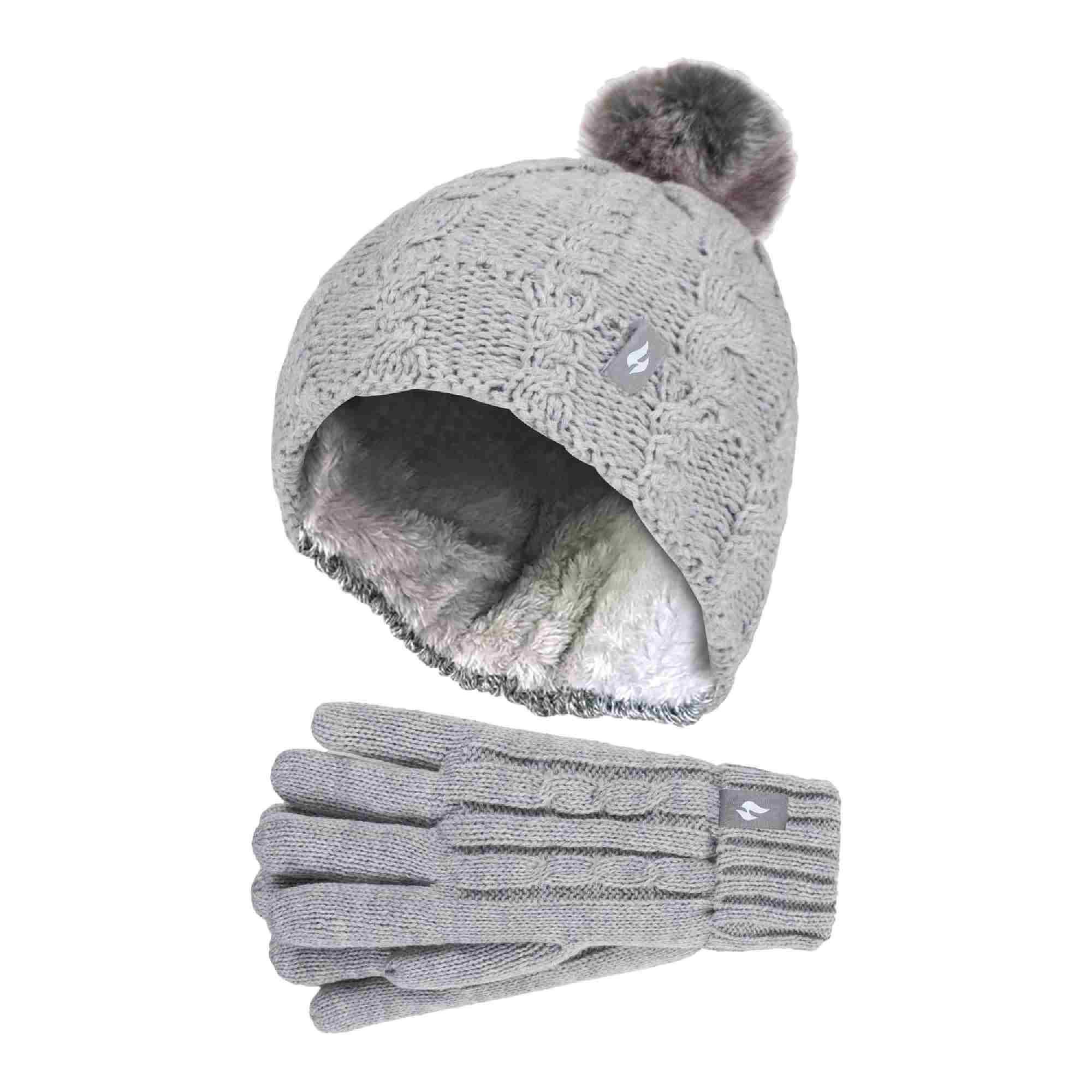HEAT HOLDERS Girls Bobble Pom Pom Thermal Hat and Gloves Set