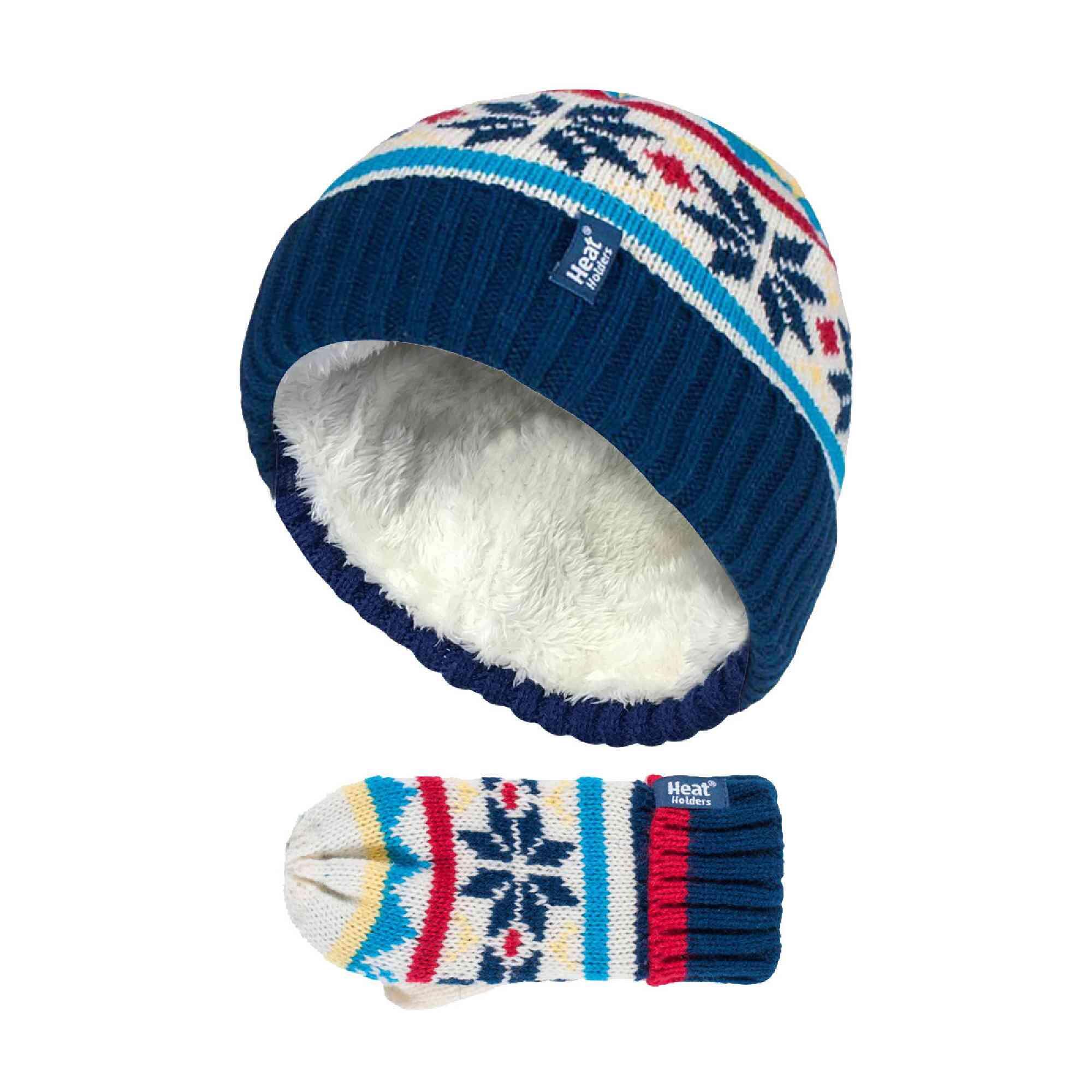 HEAT HOLDERS Kids Boys Winter Knitted Thermal Fleece Lined Cuffed Beanie Hat and Mittens Set