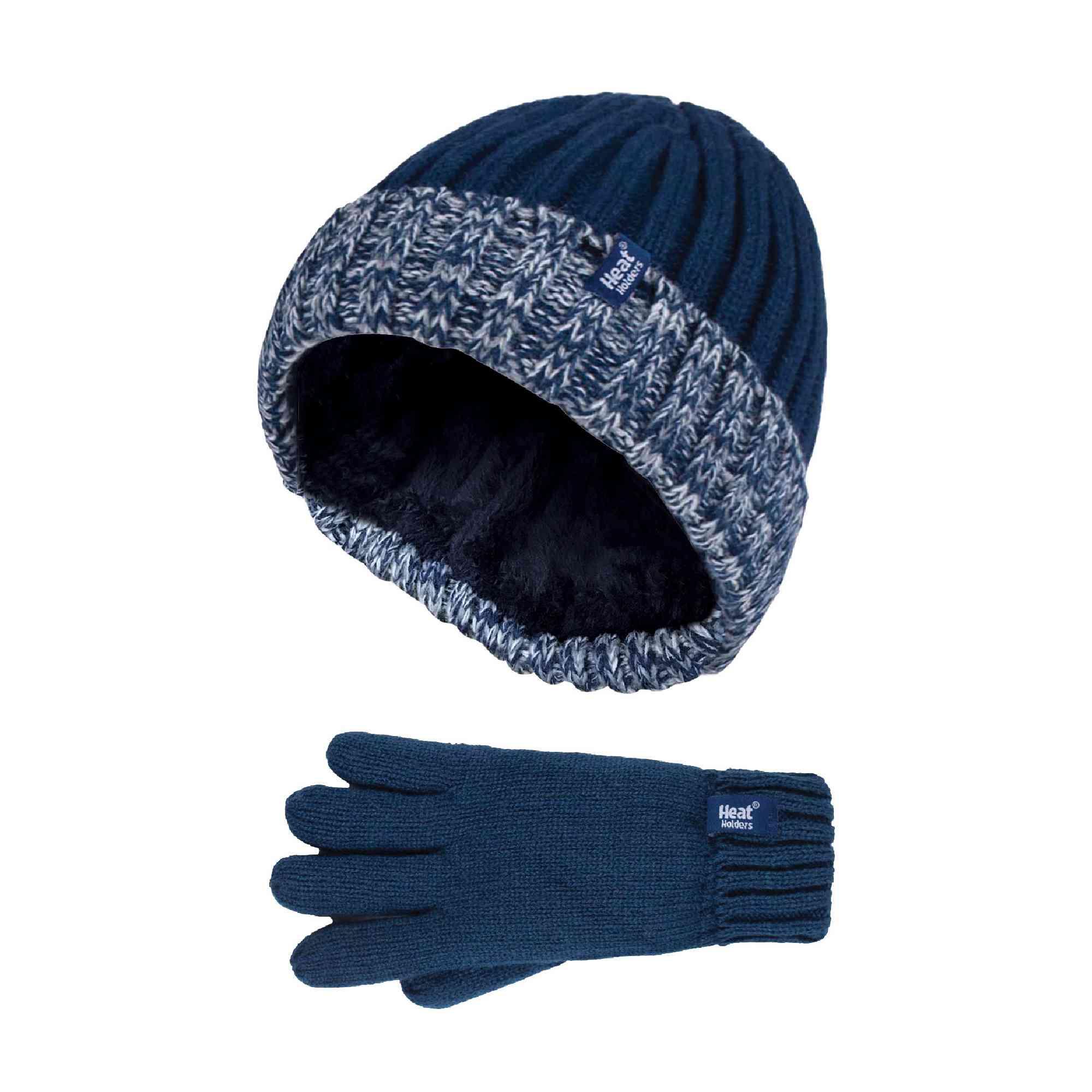 Children Winter Warm Fleece Lined Knit Turn Over Cuff Ribbed Hat and Gloves Set 1/3