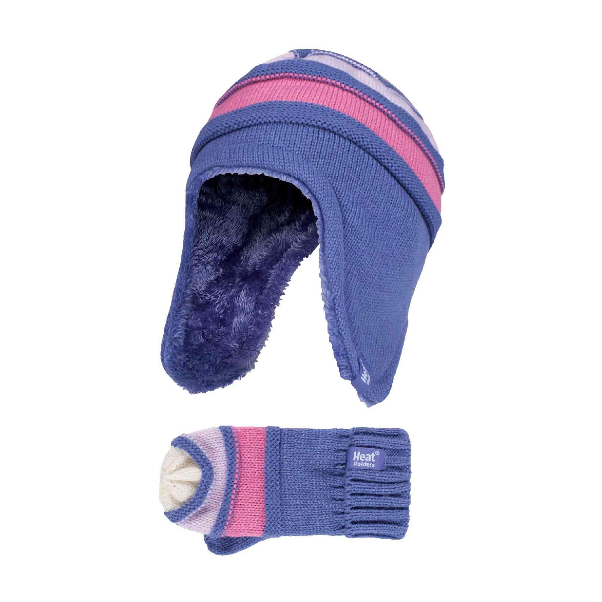 HEAT HOLDERS Kids Winter Warm Fleece Lined Thermal Beanie Hat and Mittens with Ear Flaps