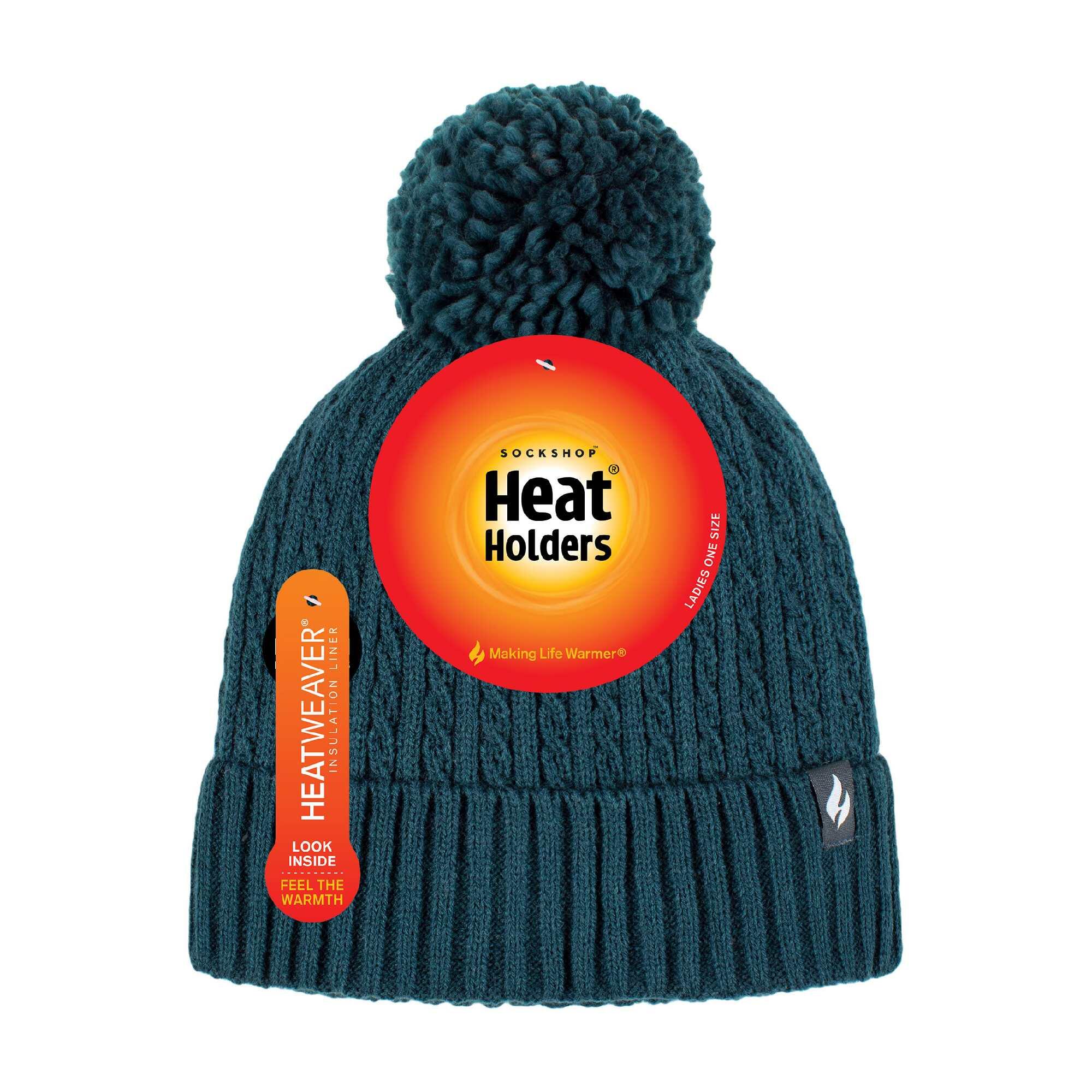 HEAT HOLDERS Ladies Winter Ribbed Thermal Cable Knit Beanie Pom Pom Hat
