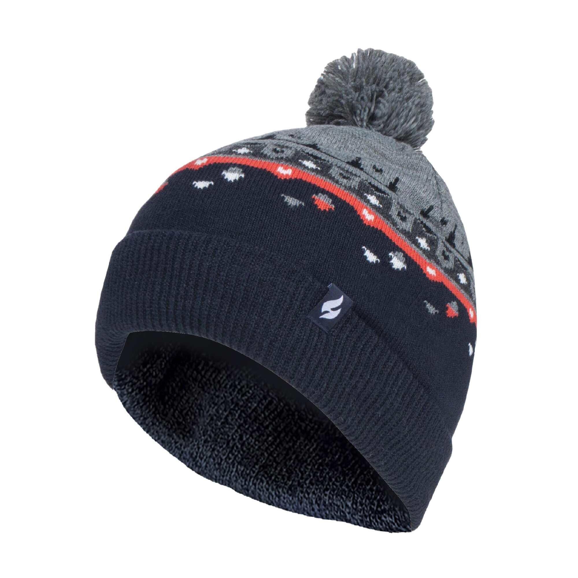 HEAT HOLDERS Mens Thin Knit Fleece Lined Pom Pom Hat | Patterned | For Winter