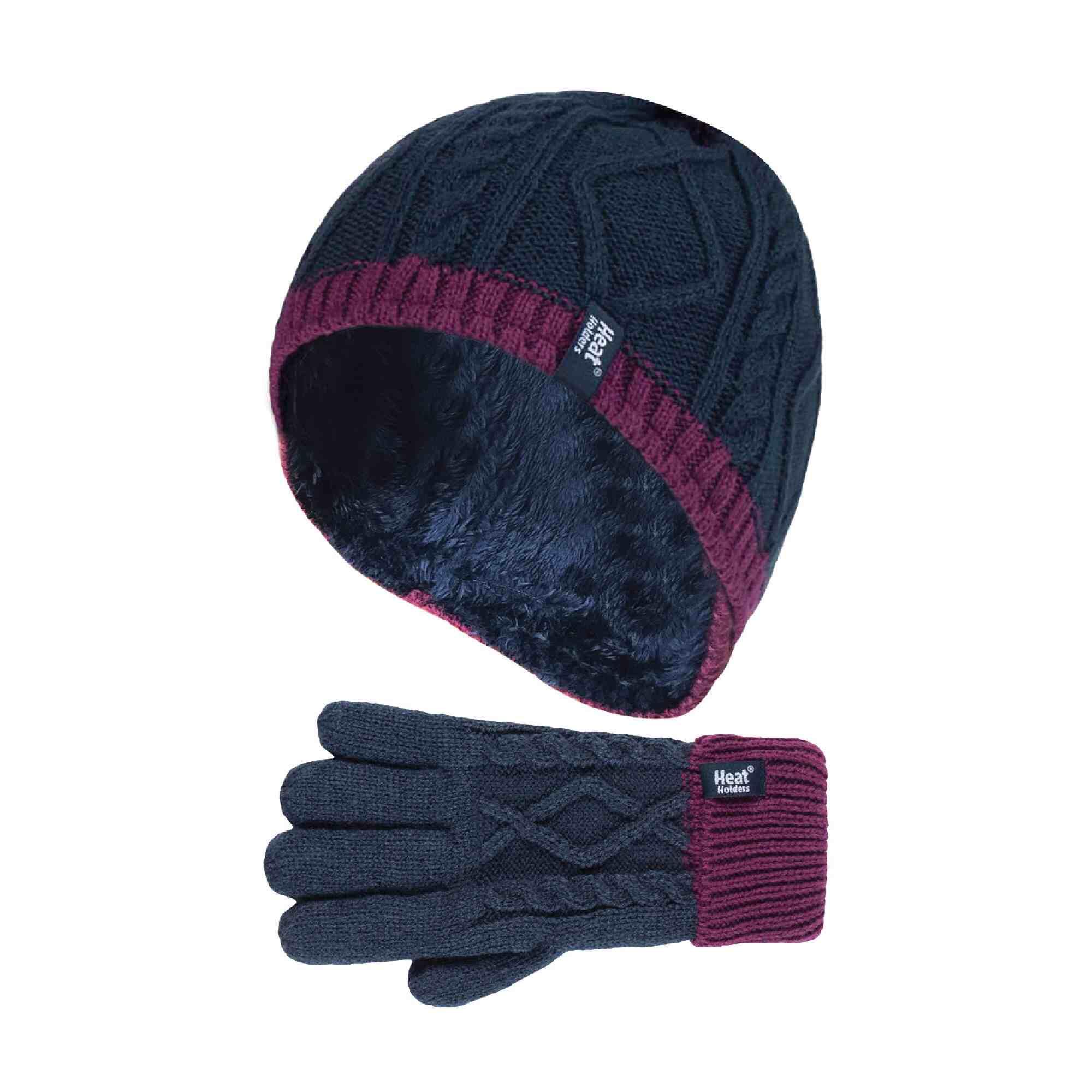 HEAT HOLDERS Kids Girls Cable Knitted Warm Fleece Lined Winter Hat and Gloves Set with Bobble