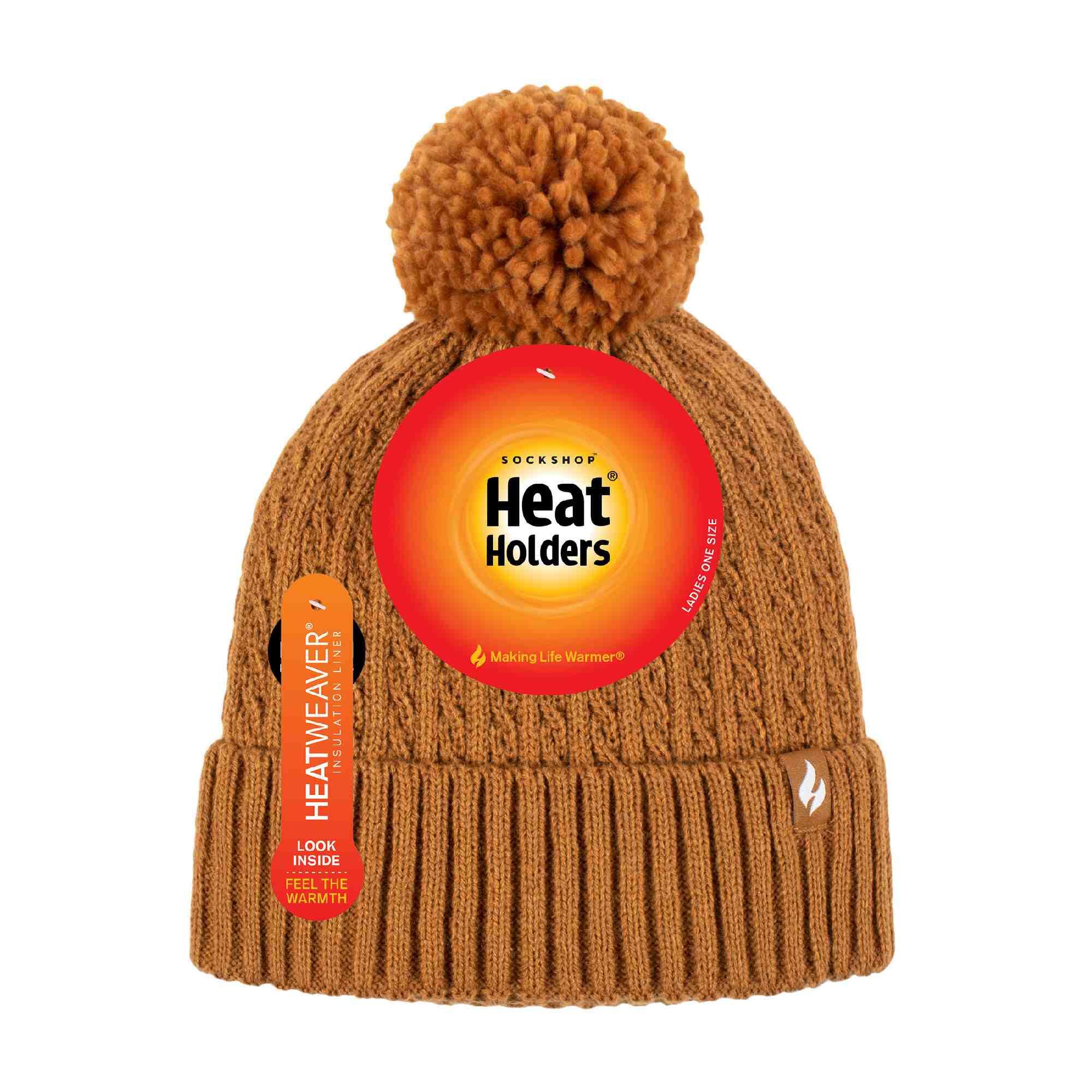 Ladies Winter Ribbed Thermal Cable Knit Beanie Pom Pom Hat 2/5