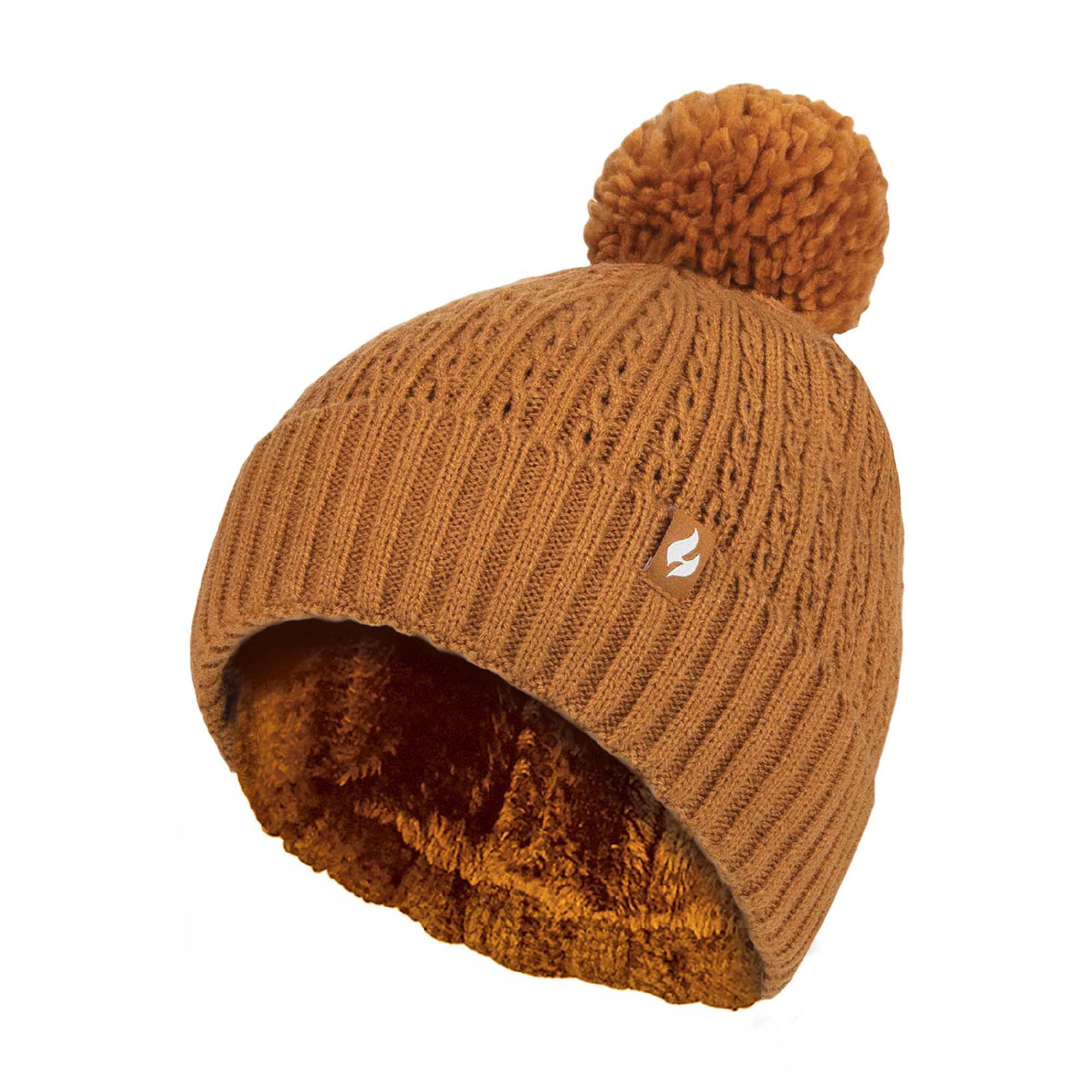 HEAT HOLDERS Ladies Winter Knitted Ribbed Thermal Cable Beanie Pom Pom Hat