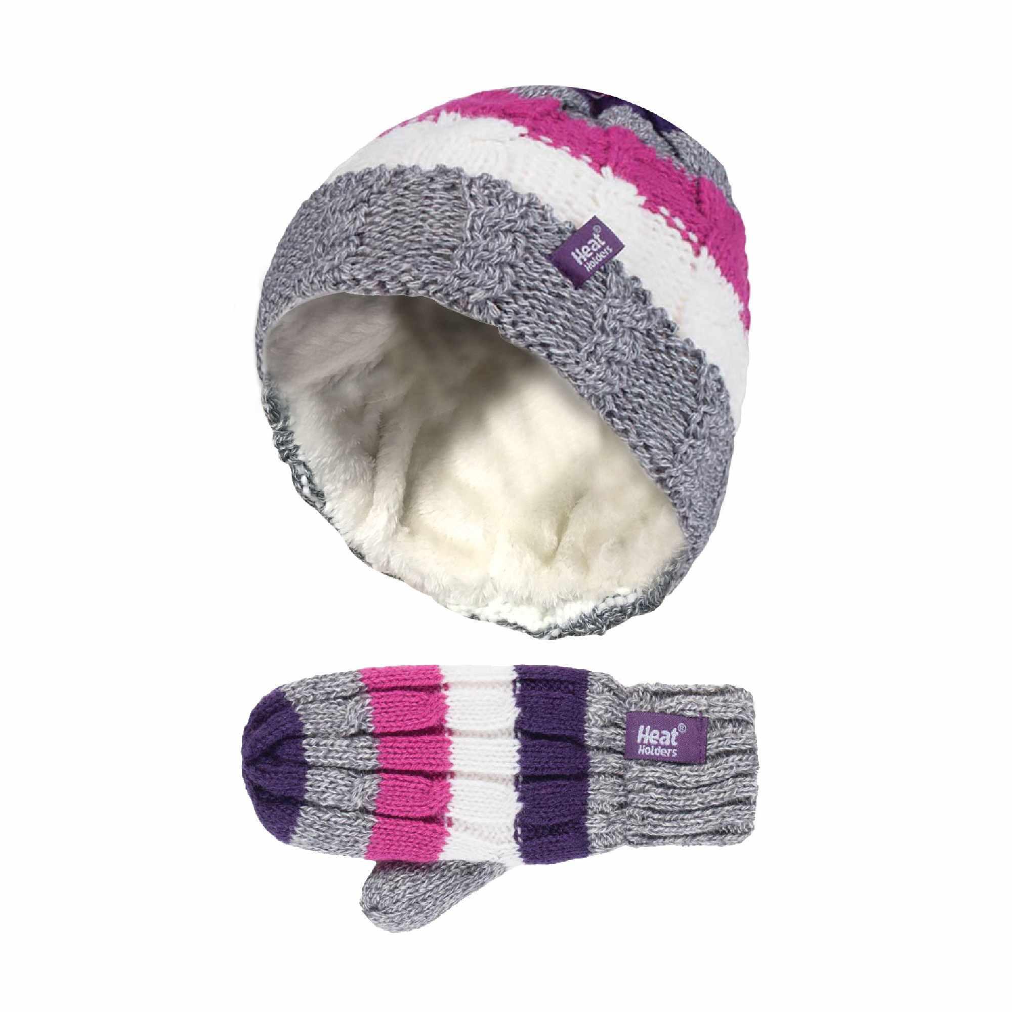 Kids Fleece Lined Knitted Striped Colourful Winter Thermal Hat and Mittens Set 1/4