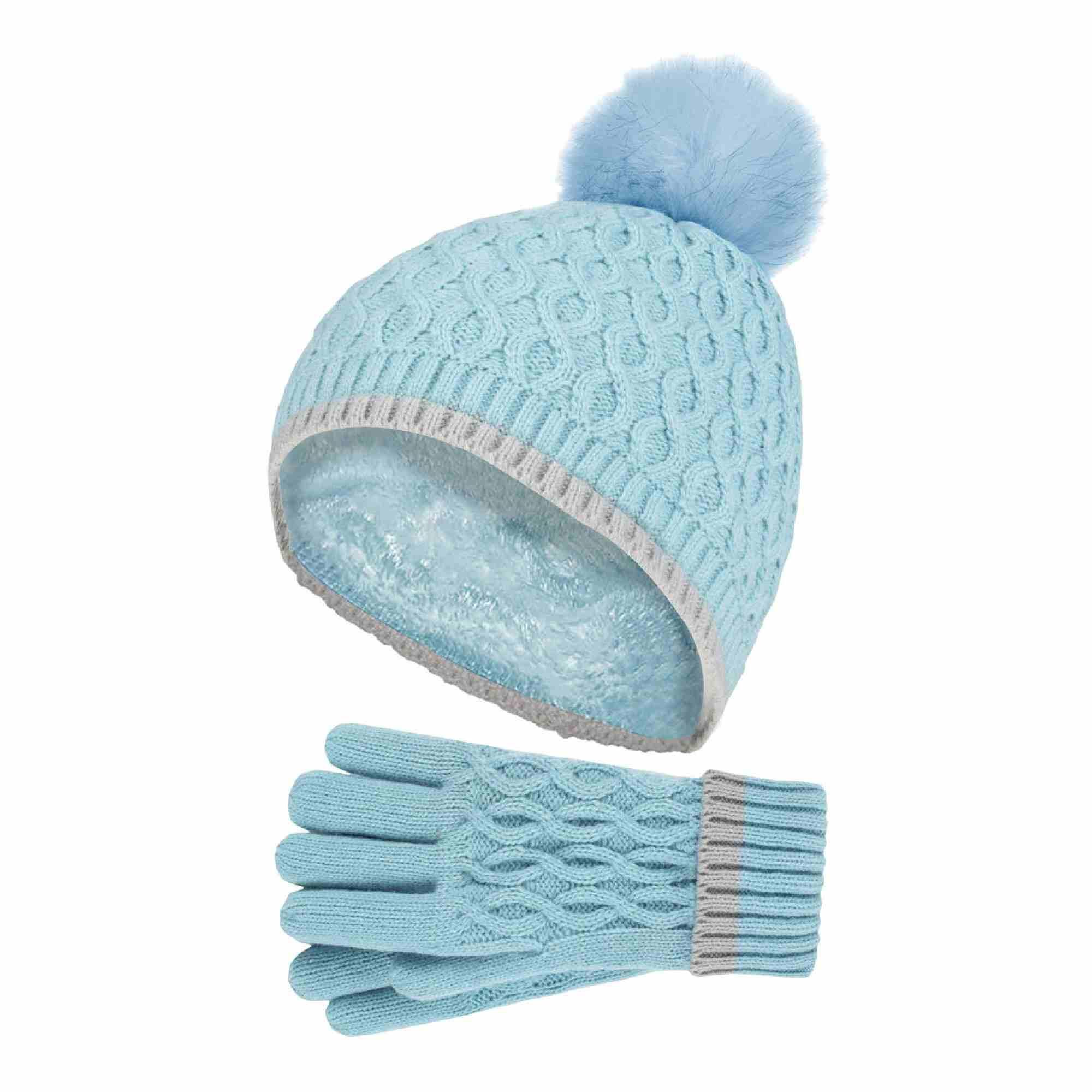 Girls Thermal Insulated Pom Pom Bobble Beanie Hat and Gloves 1/3