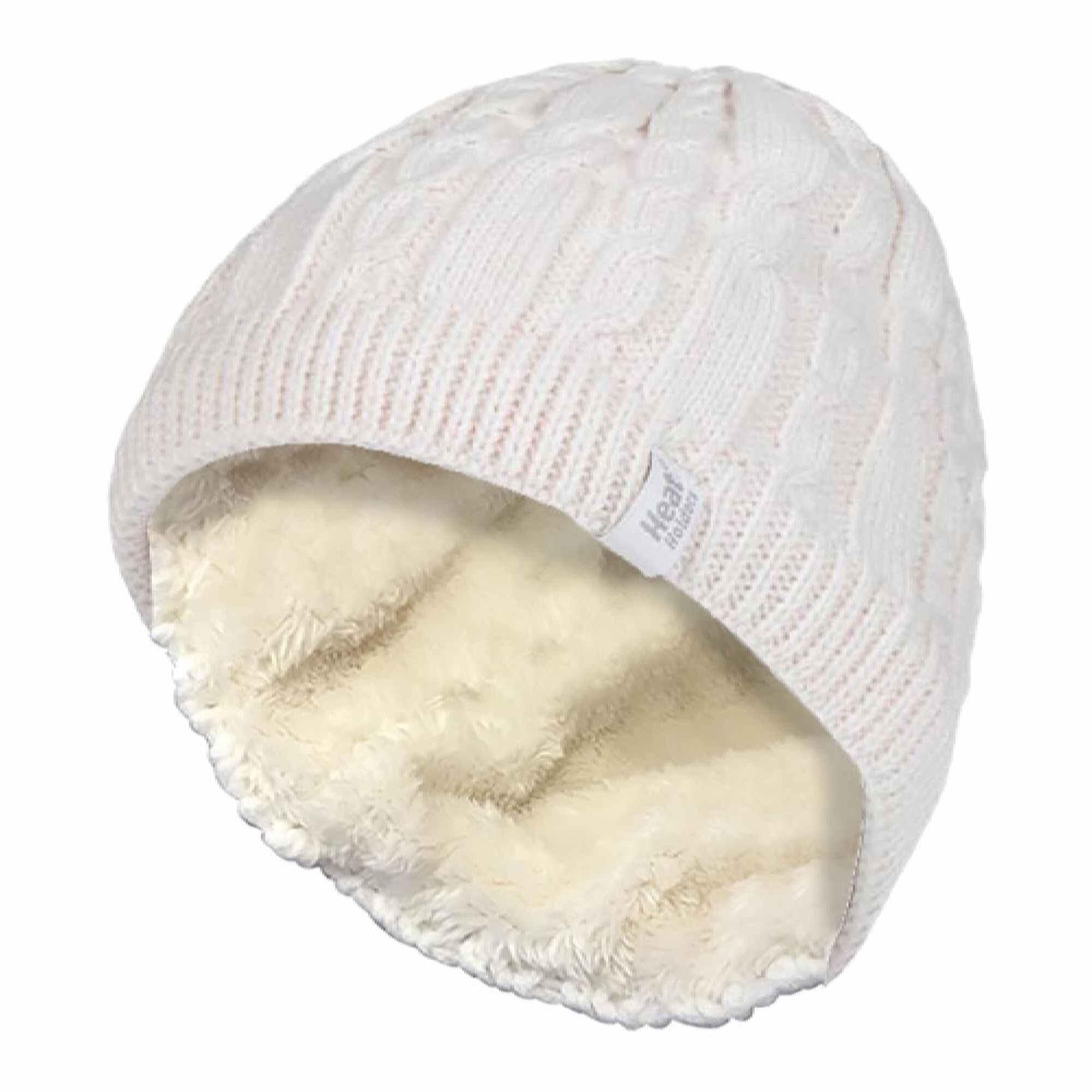 HEAT HOLDERS Womens Ribbed Cable Knit Fleece Lined Thermal Knitted Beanie Hat