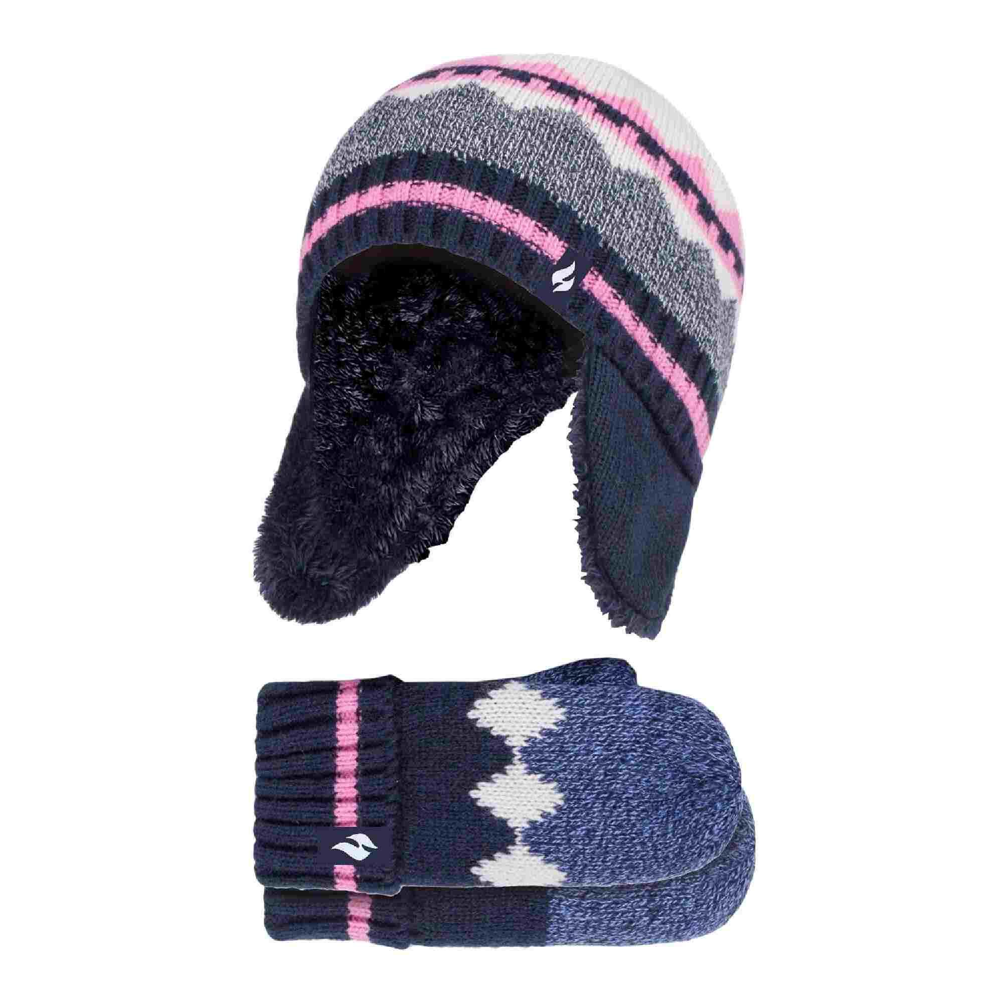 Girls Nordic Pattern Trapper Hat with Pom Pom and Mittens Set 1/4