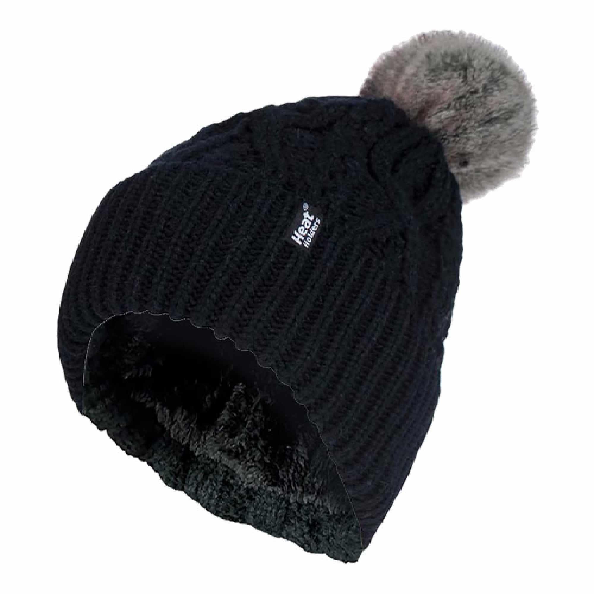 Ladies Ribbed Cuffed Pom Pom Bobble Beanie Hat with Fleece Lining 1/4