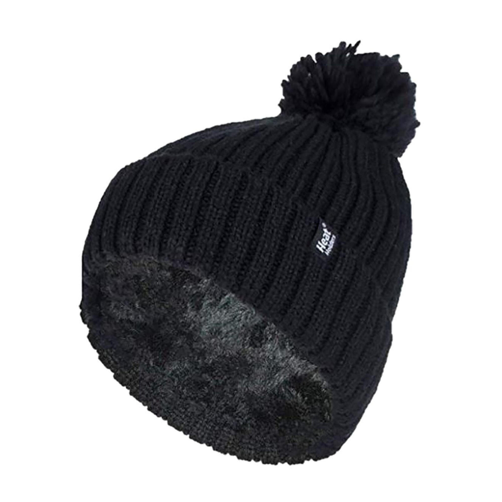 HEAT HOLDERS Ladies Ribbed Cuffed Thermal Insulated Winter Pom Pom Bobble Hat