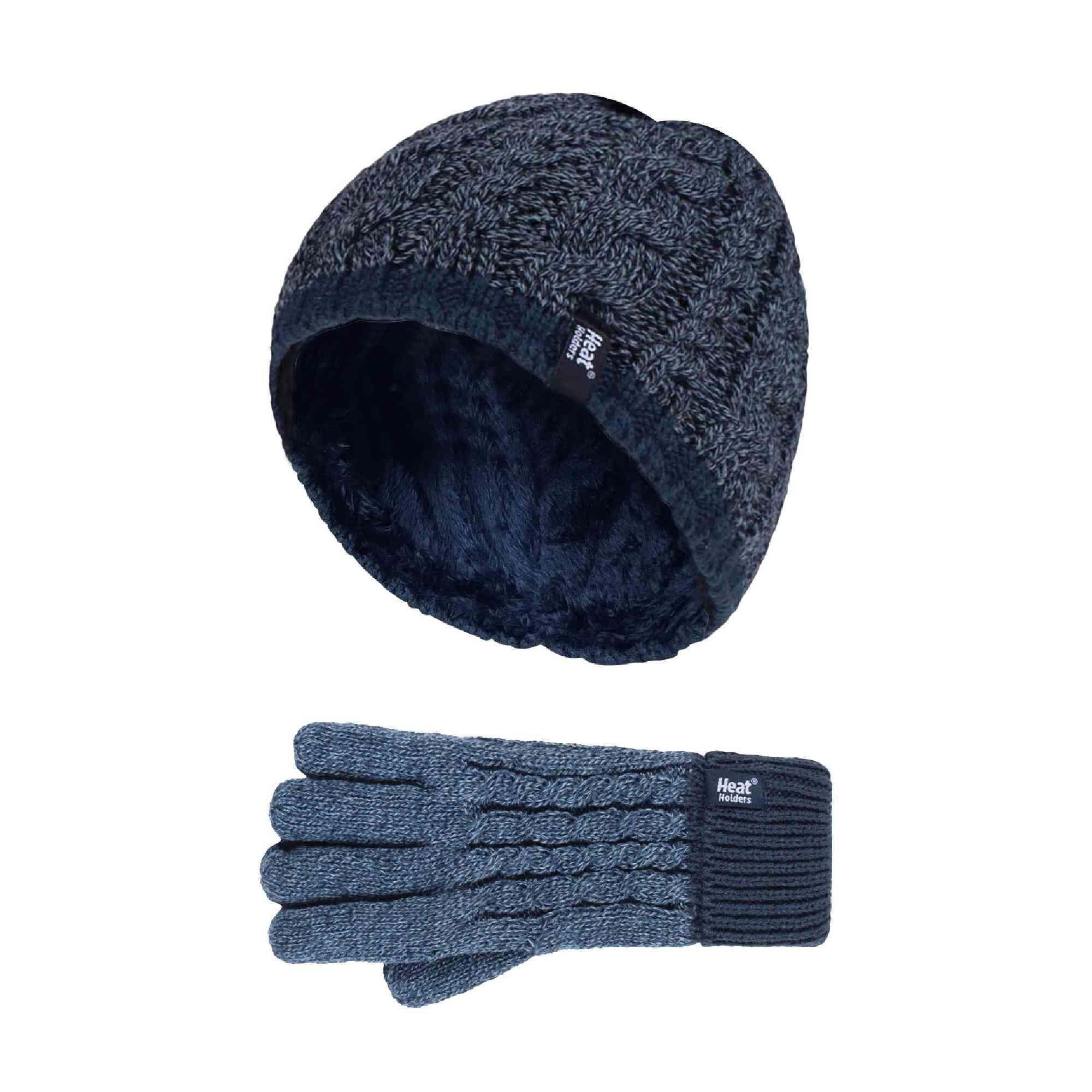 HEAT HOLDERS Boys Kids Cable Knit Warm Fleece Lined Thermal Winter Hat and Gloves Set