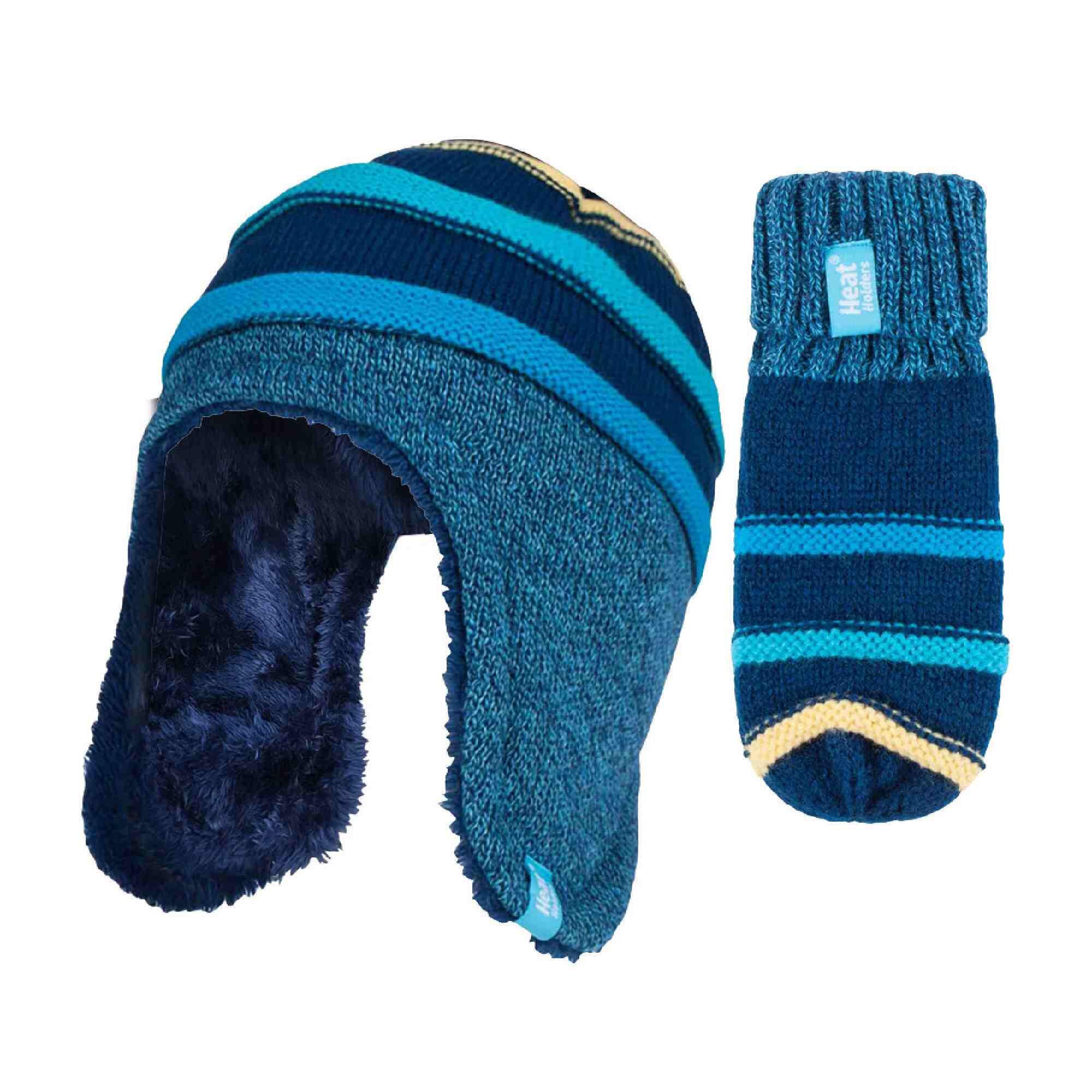 Childrens Winter Warm Fleece Lined Thermal Hat and Mittens Set with Ear Flaps 1/6