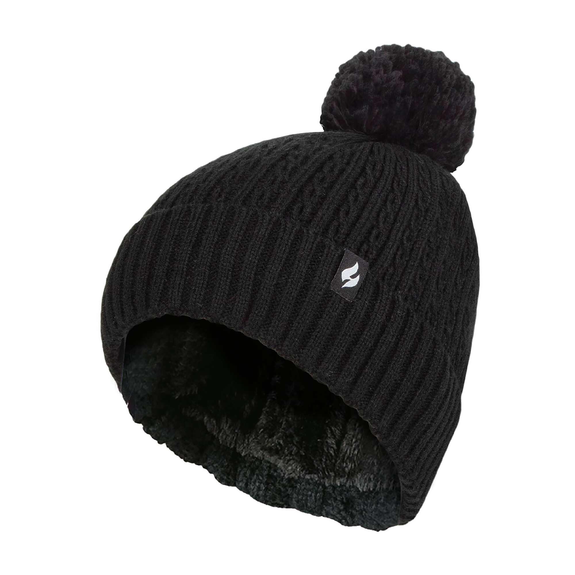 HEAT HOLDERS Ladies Winter Knitted Ribbed Thermal Cable Beanie Pom Pom Hat