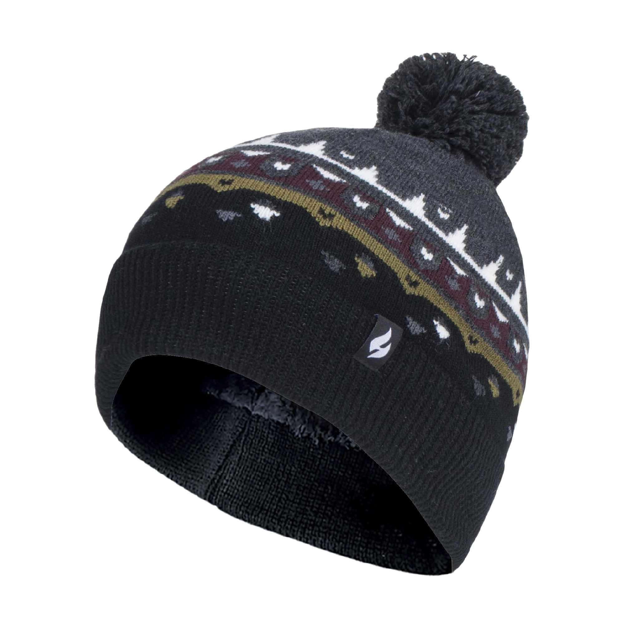 Mens Thin Knit Fleece Lined Pom Pom Hat | Patterned | For Winter 1/7