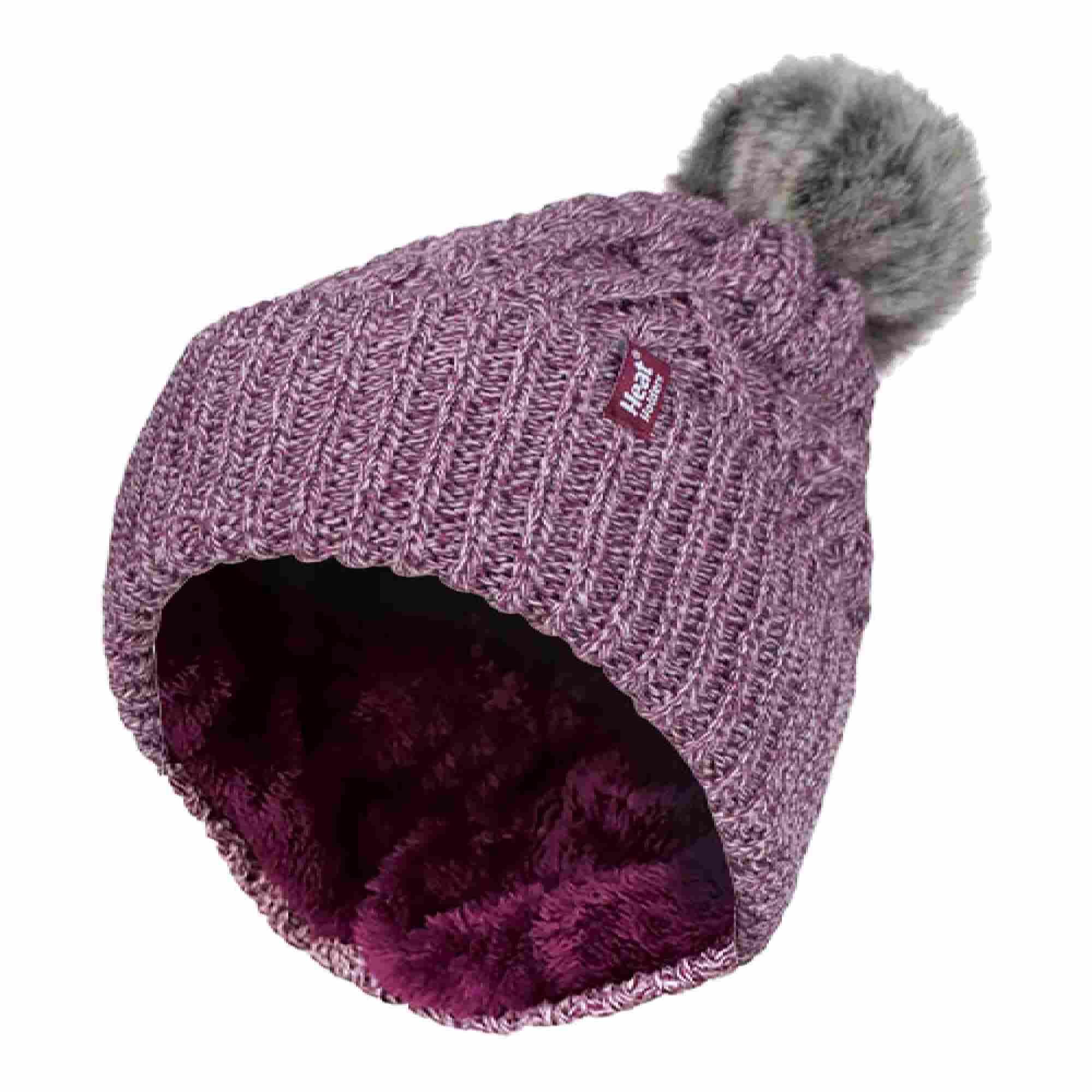 Ladies Ribbed Cuffed Pom Pom Bobble Beanie Hat with Fleece Lining 1/4