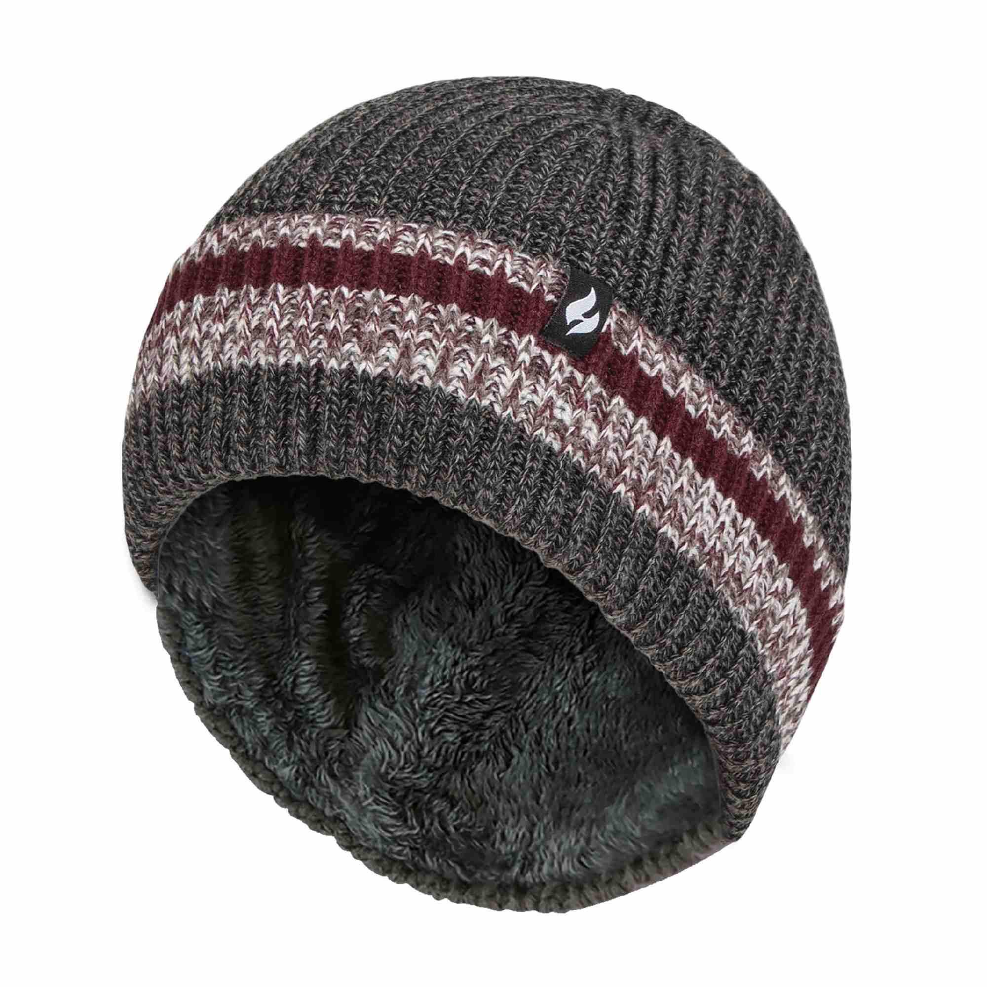 HEAT HOLDERS Mens Striped Turnover Cuff Knitted Thermal Beanie Hat for Winter